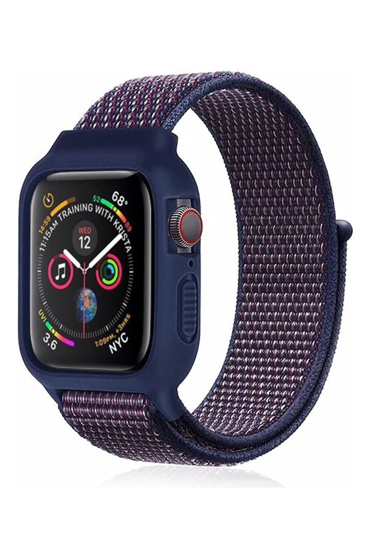 Mey İthalat®   Watch 38mm Hasırlı Cırtcırtlı Kasalı Kordon - Lacivert-Mürdüm