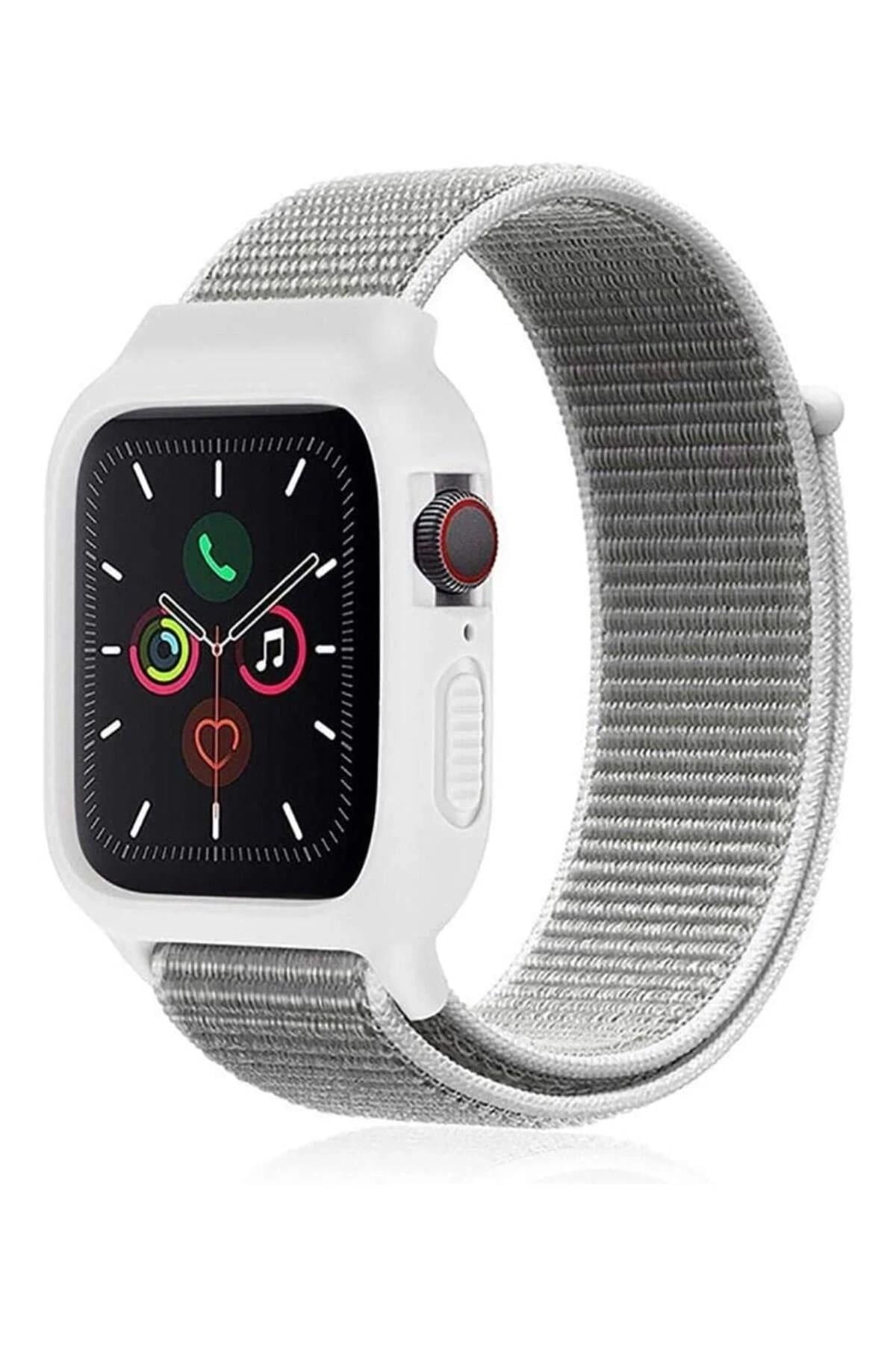 Mey İthalat®   Watch 38mm Hasırlı Cırtcırtlı Kasalı Kordon - Beyaz