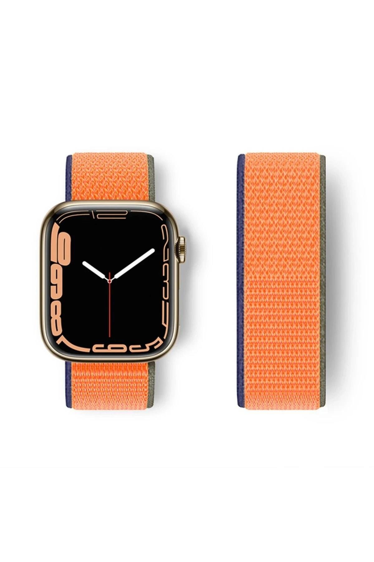 Mey İthalat®   Watch 38mm Hasırlı Cırtcırtlı Kordon - Lacivert-Turuncu
