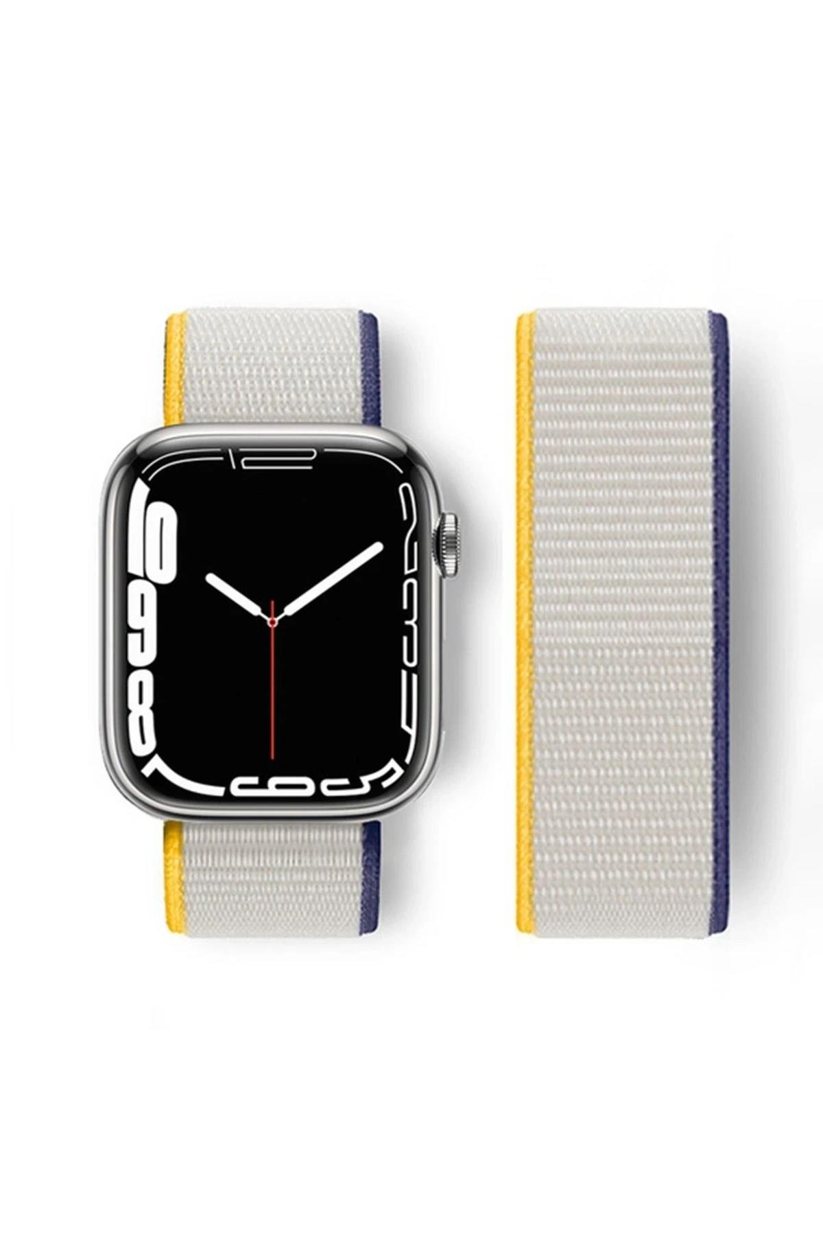 Mey İthalat®   Watch 38mm Hasırlı Cırtcırtlı Kordon - Sarı-Beyaz
