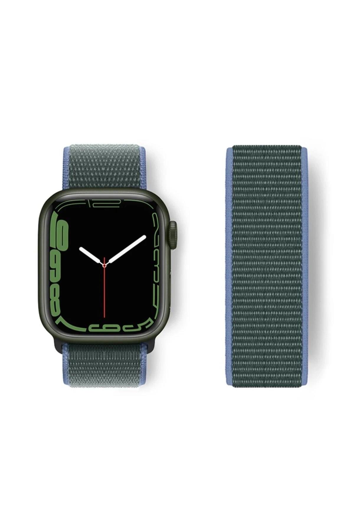 Mey İthalat®   Watch 38mm Hasırlı Cırtcırtlı Kordon - Mavi-Yeşil