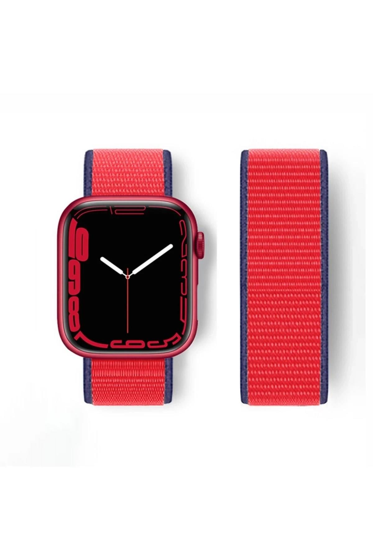 Mey İthalat®   Watch 38mm Hasırlı Cırtcırtlı Kordon - Lacivert-Kırmızı