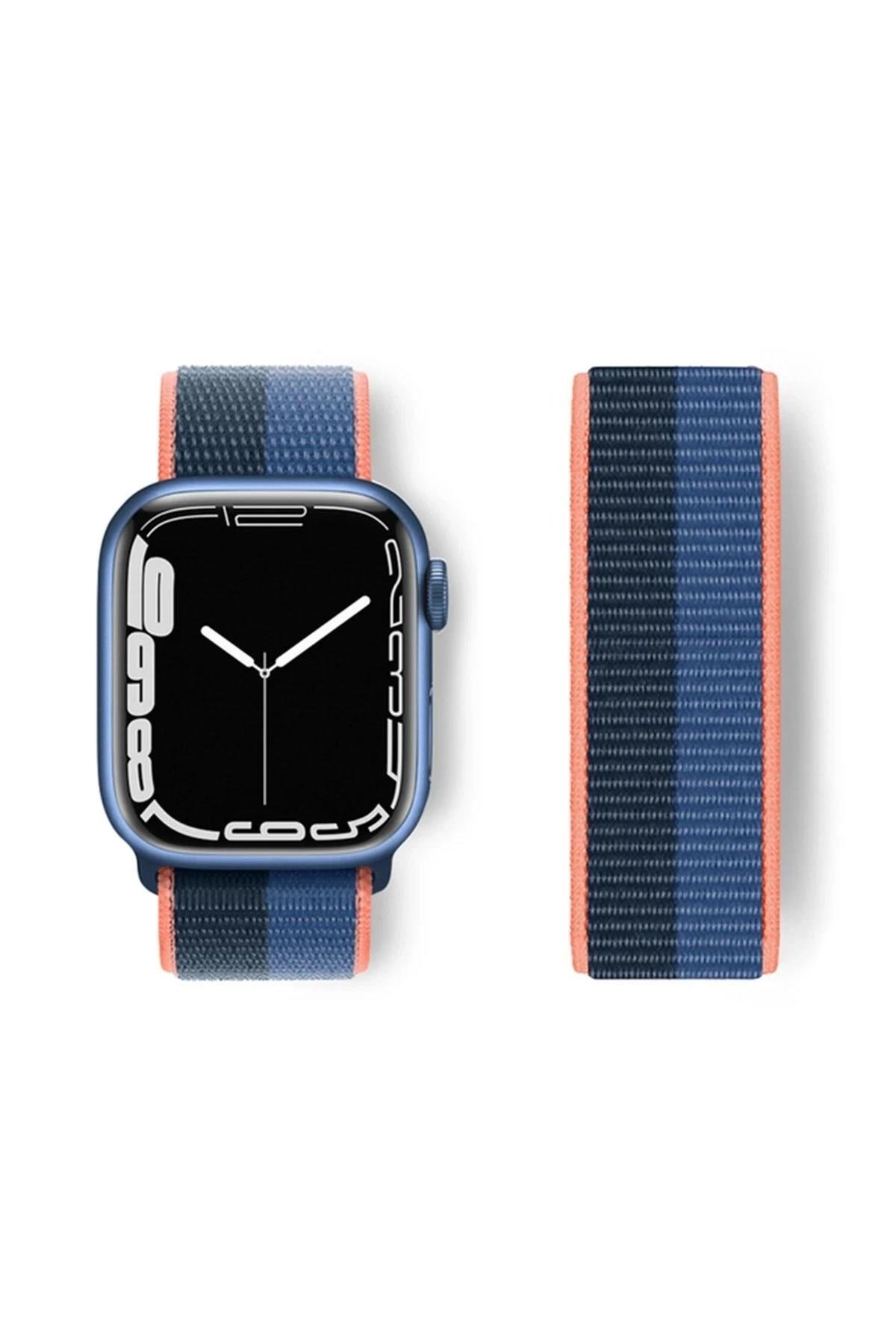 Mey İthalat®   Watch 38mm Hasırlı Cırtcırtlı Kordon - Siyah-Mavi