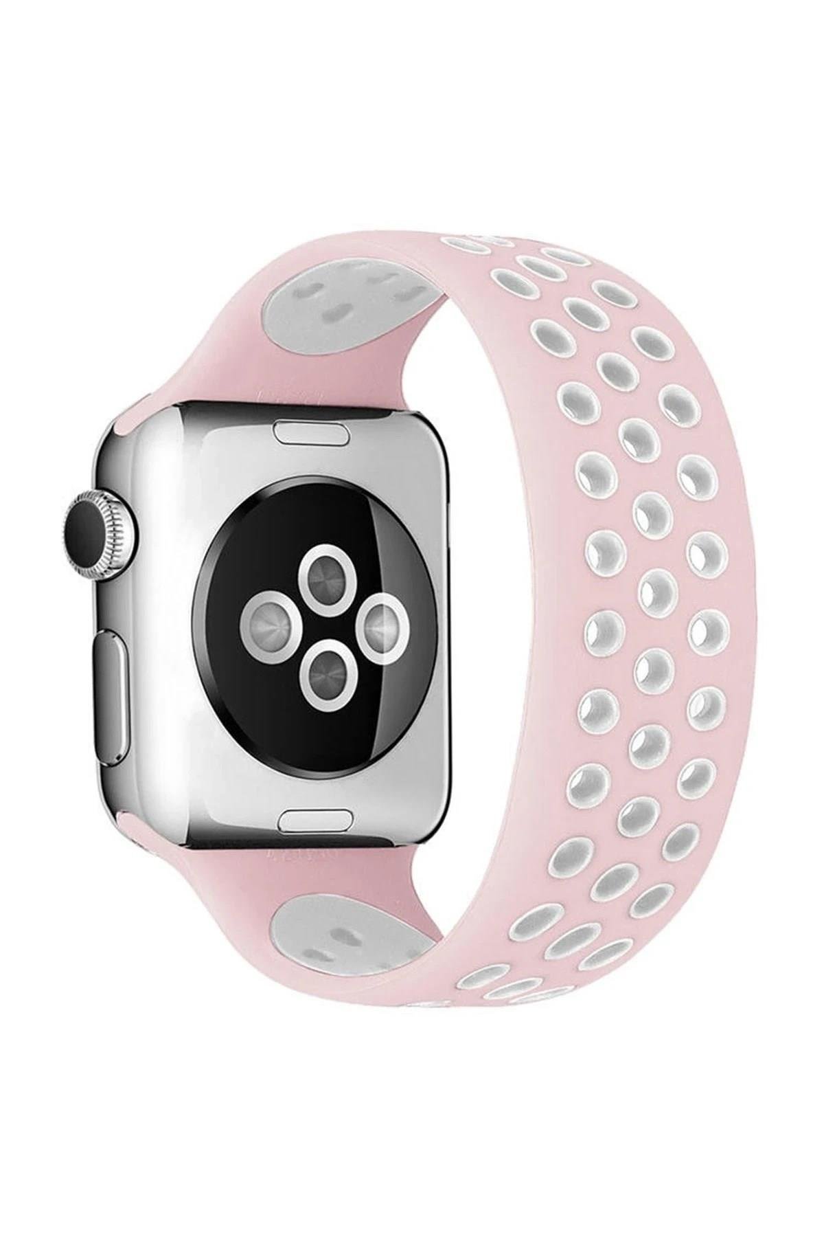Mey İthalat®   Watch 42mm Ayarlı Delikli Silikon Kordon - Pembe-Beyaz