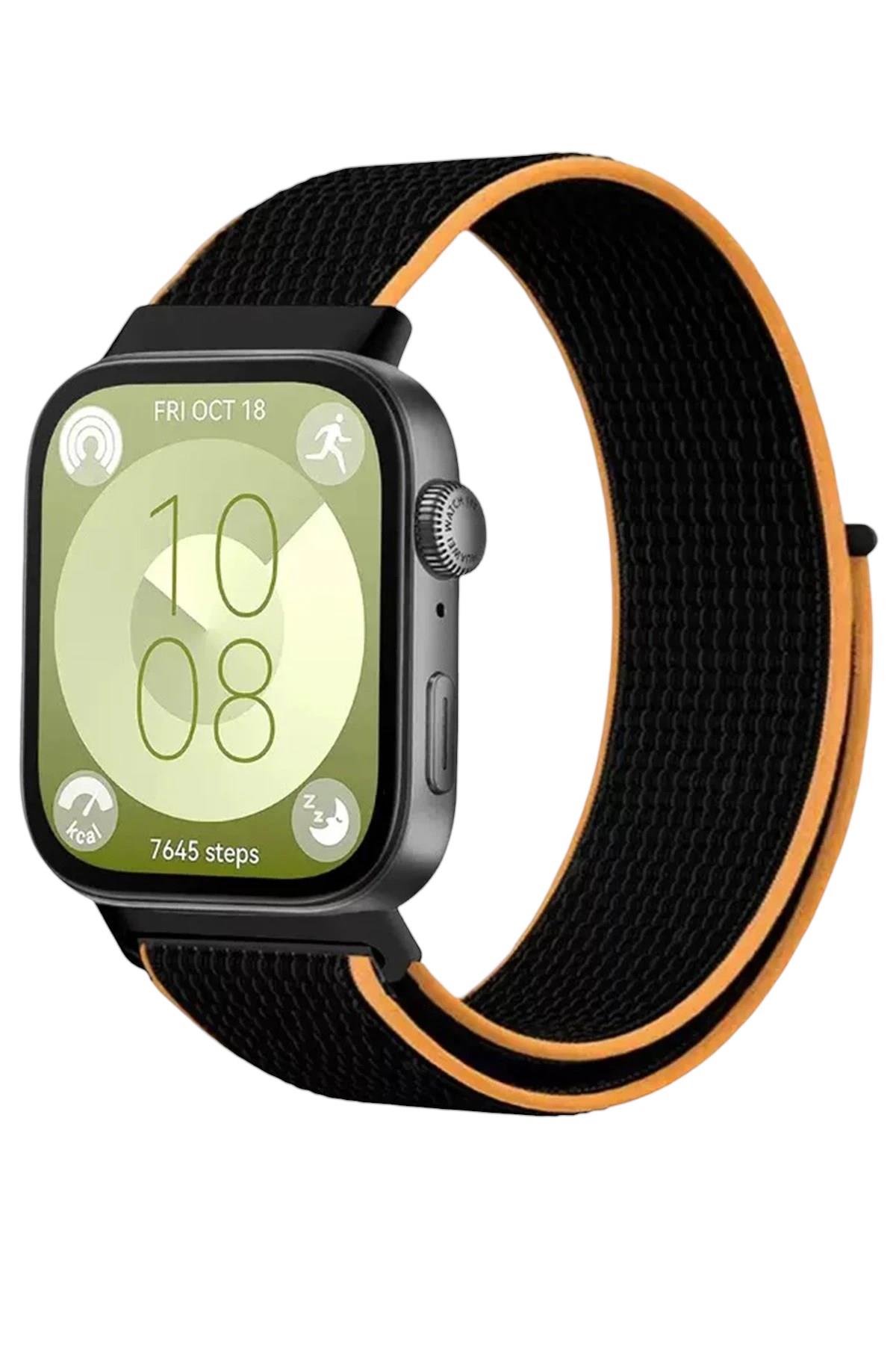 Mey İthalat®  Huawei Fit 4 Hasırlı Cırtcırtlı Kordon - Siyah-Turuncu
