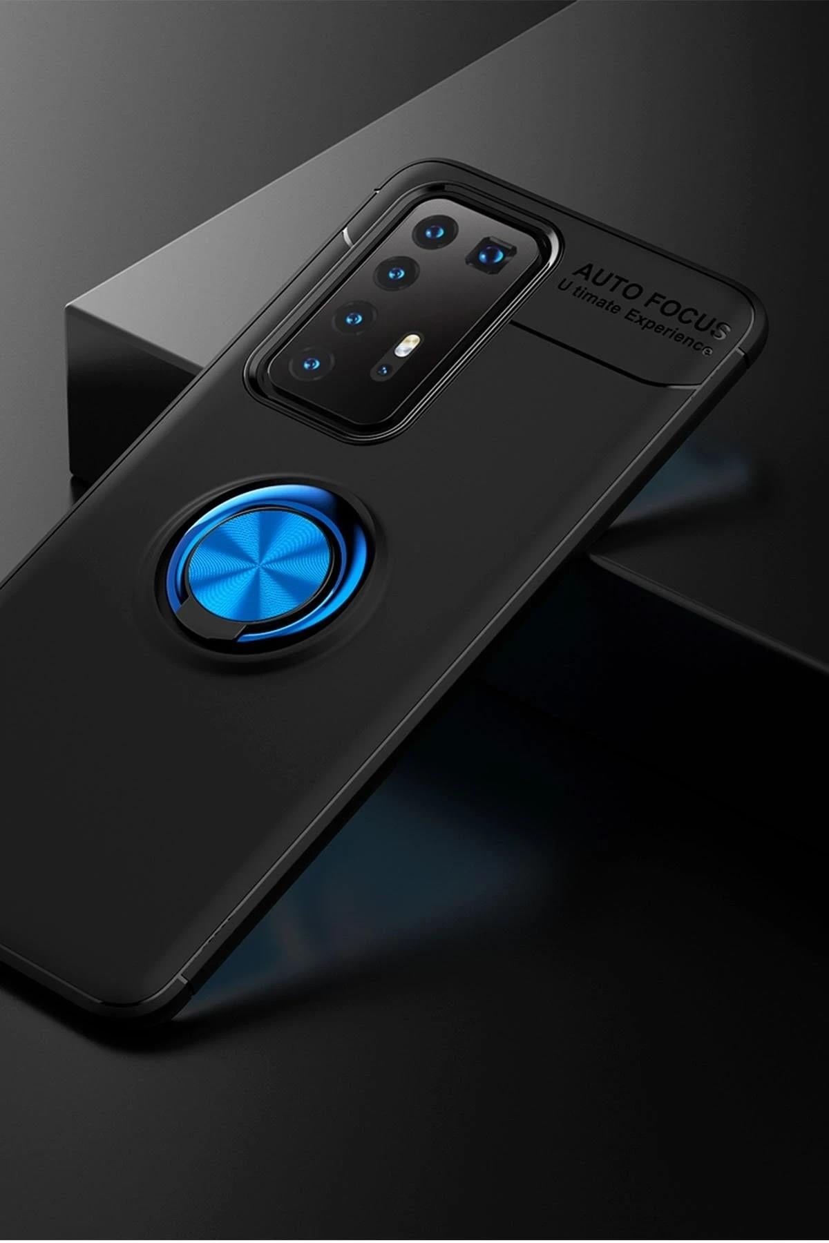 Mey İthalat®  Huawei P40 Pro Kılıf Range Yüzüklü Silikon - Siyah-Mavi