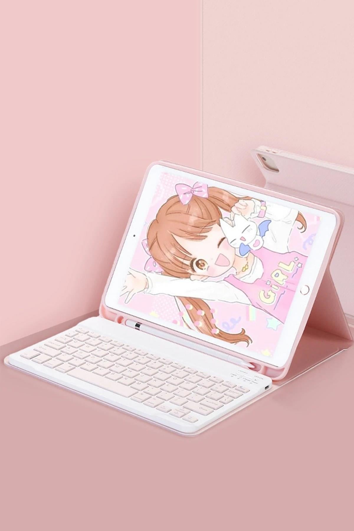 Mey İthalat®  iPad Pro 12.9 (2024) Kılıf KC01 Smart Klavyeli Tablet Kılıfı - Pembe