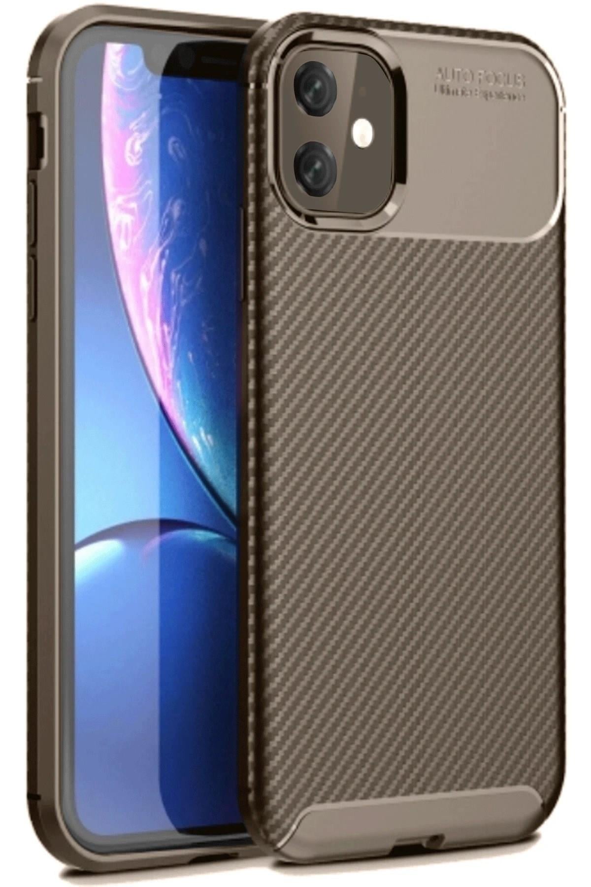 Mey İthalat®  iPhone 11 Kılıf Auto Focus Karbon Kapak - Kahverengi