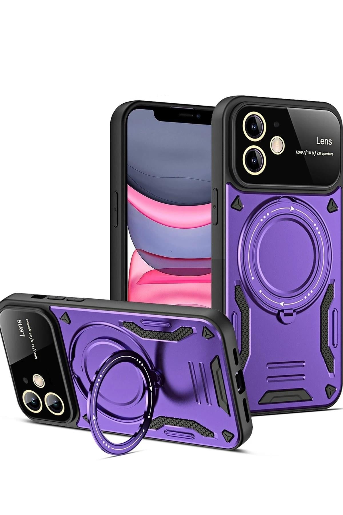 Mey İthalat®  iPhone 11 Kılıf Joy Lens Standlı Kapak - Mor