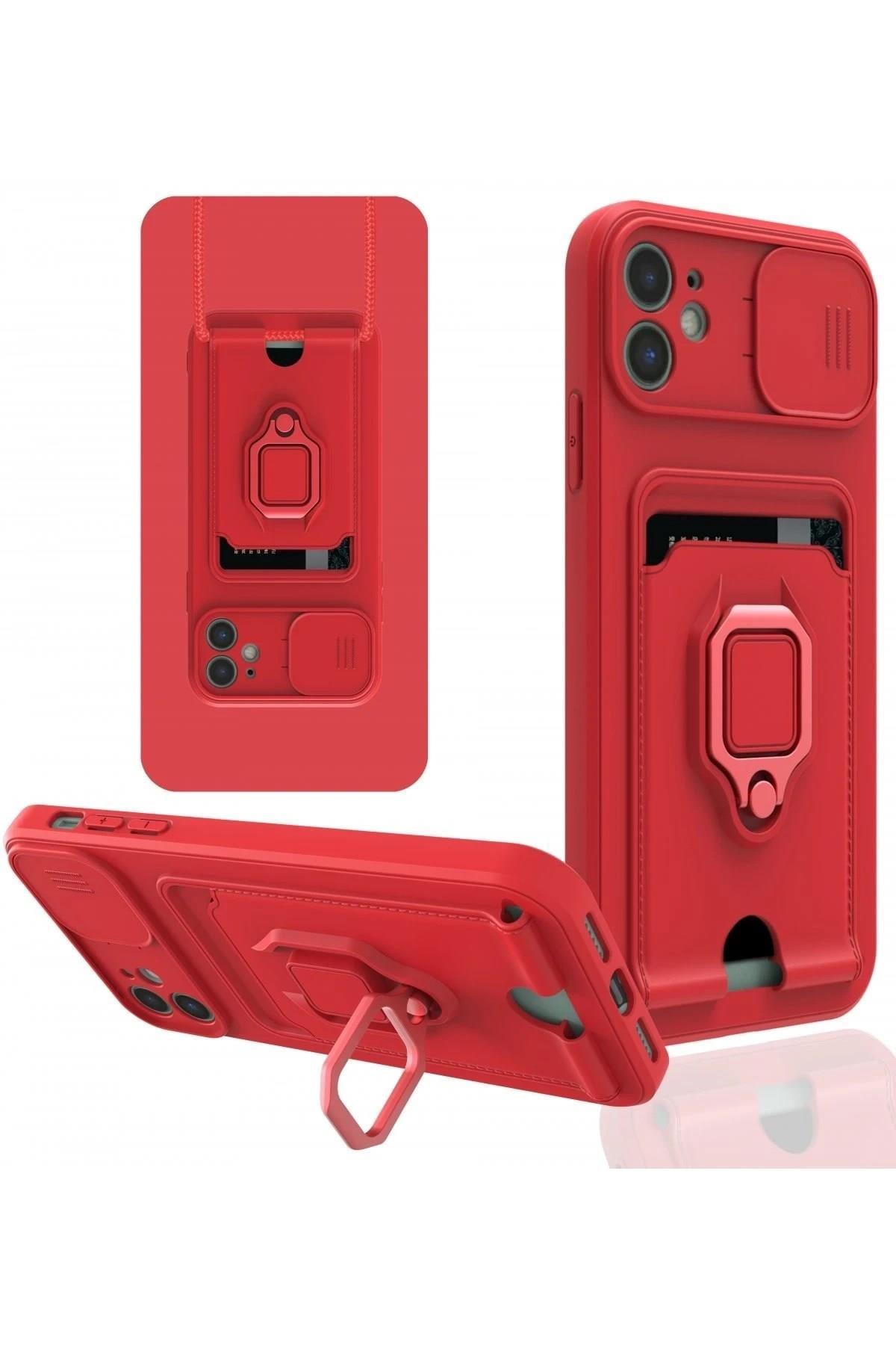 Mey İthalat®  iPhone 11 Kılıf Zuma Kartvizitli Yüzüklü Silikon - Kırmızı