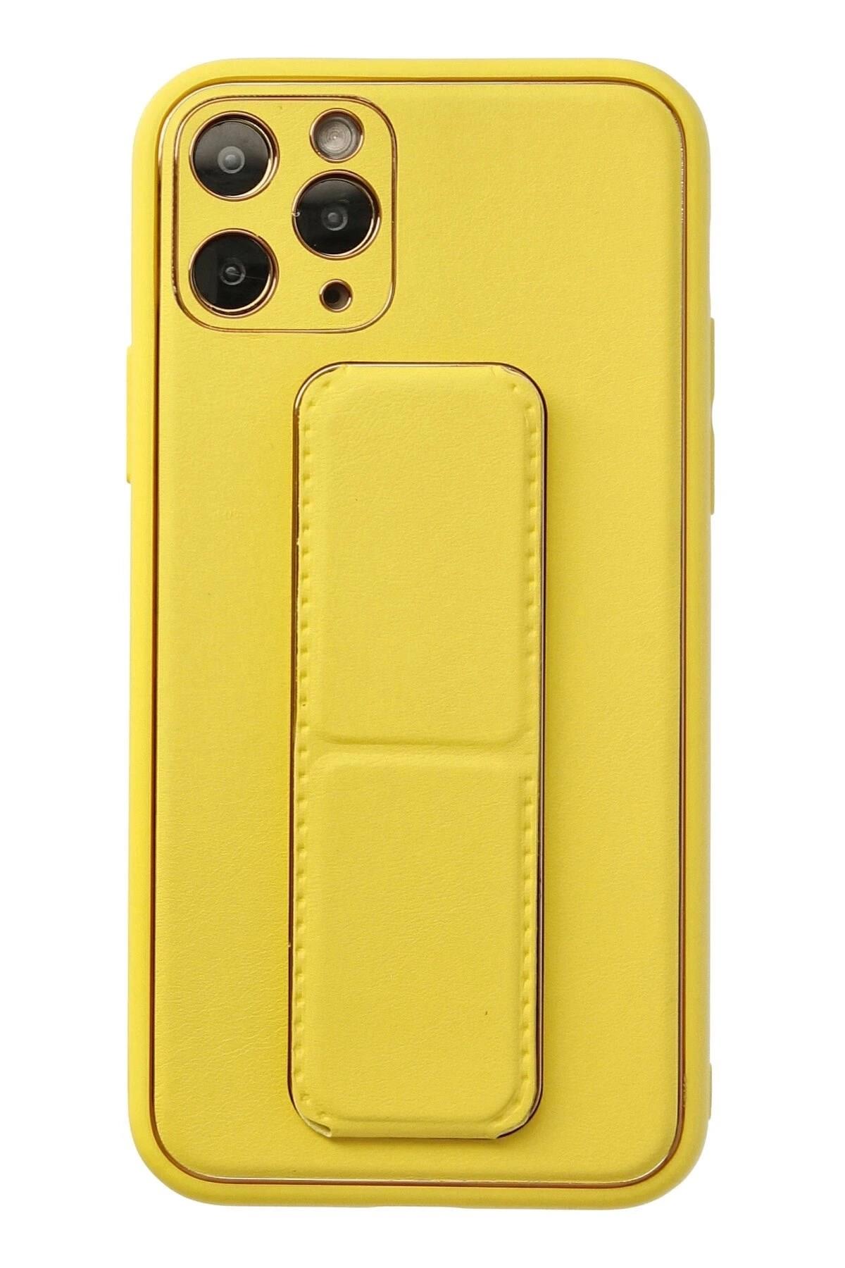 Mey İthalat®  iPhone 11 Pro Kılıf Coco Deri Standlı Kapak - Sarı