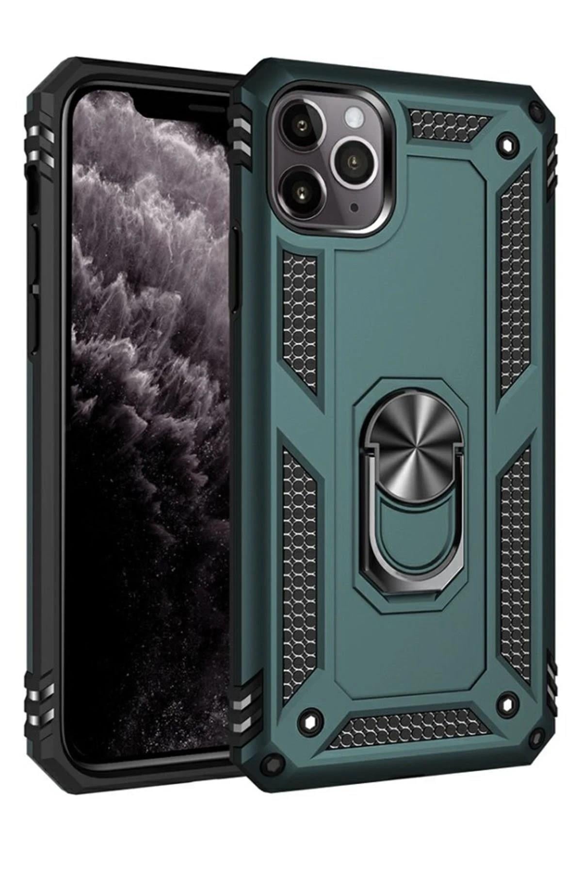Mey İthalat®  iPhone 11 Pro Kılıf Sofya Yüzüklü Silikon Kapak - Yeşil