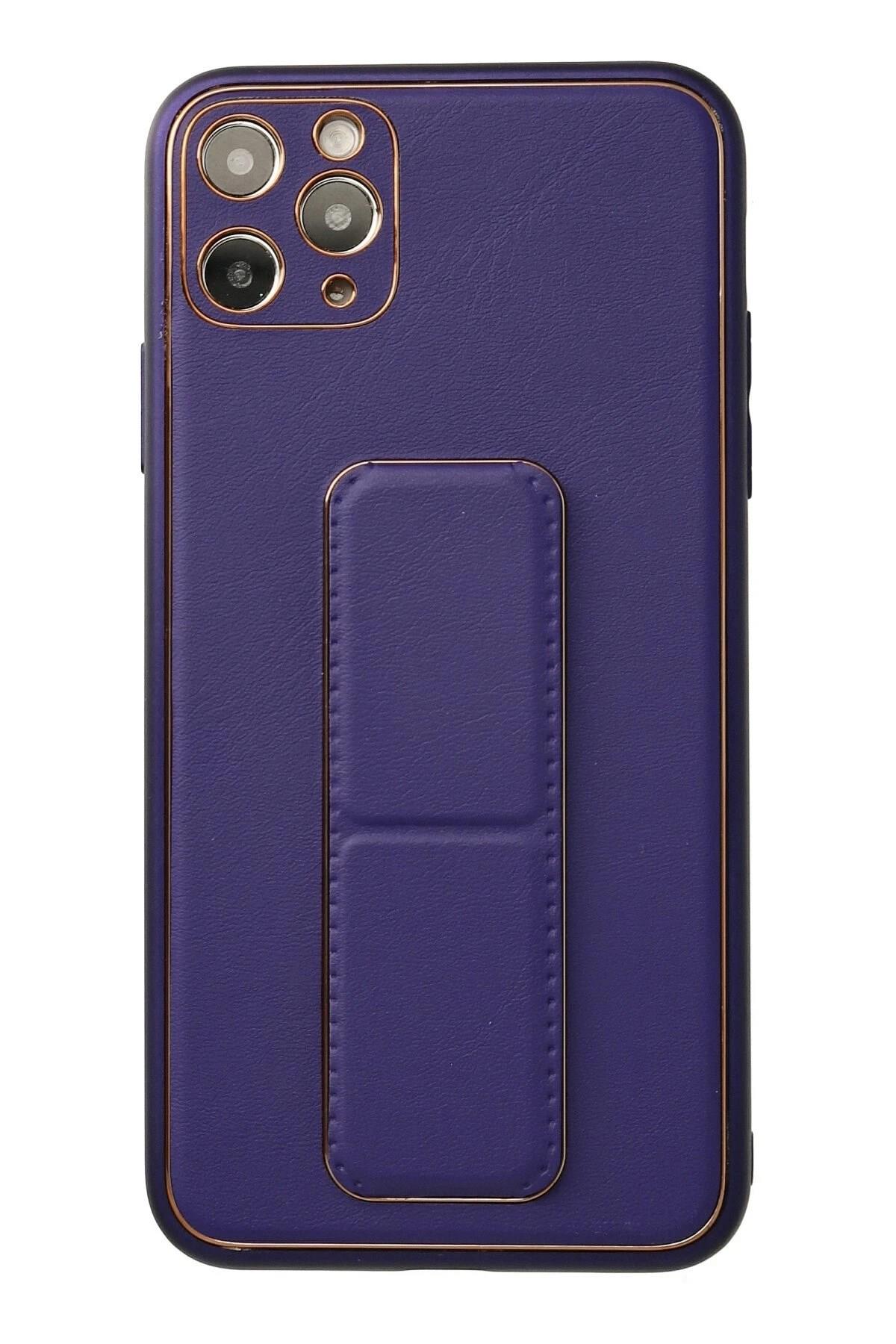 Mey İthalat®  iPhone 11 Pro Max Kılıf Coco Deri Standlı Kapak - Mor