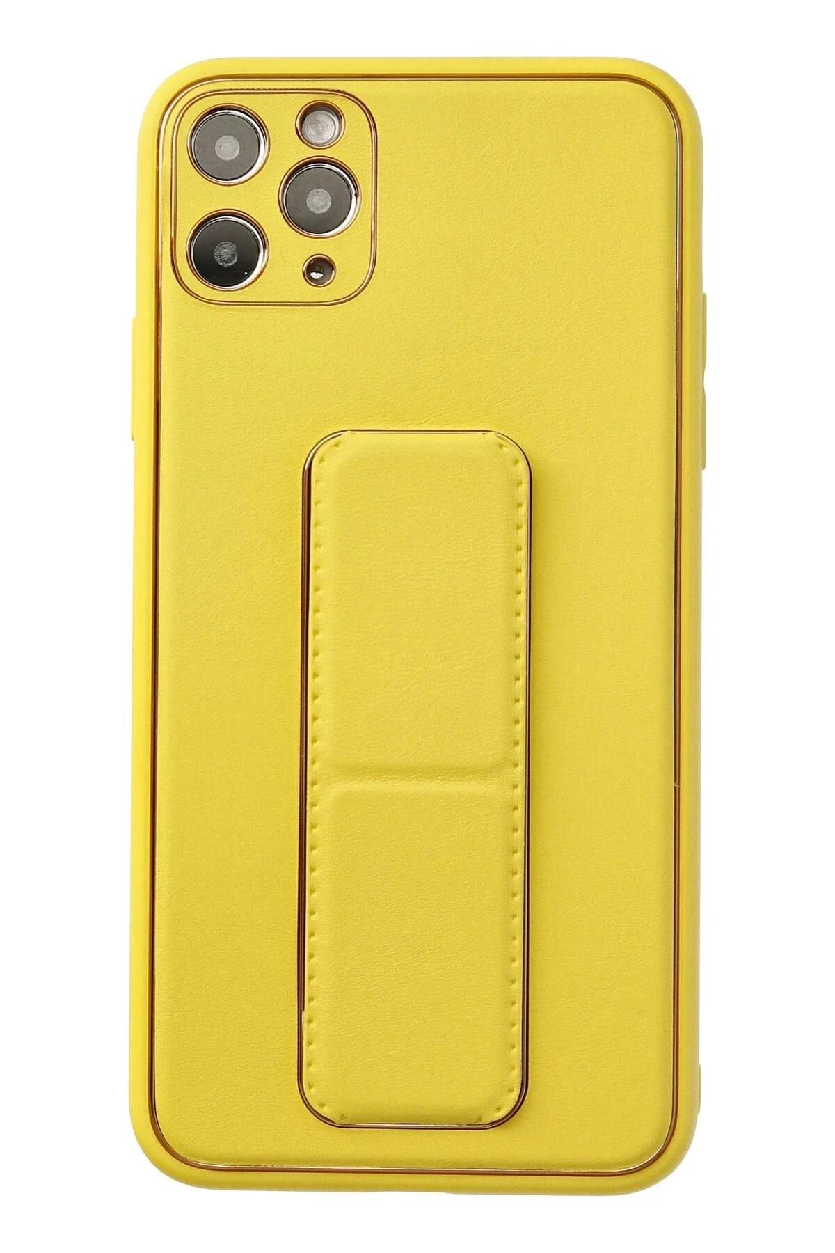 Mey İthalat®  iPhone 11 Pro Max Kılıf Coco Deri Standlı Kapak - Sarı
