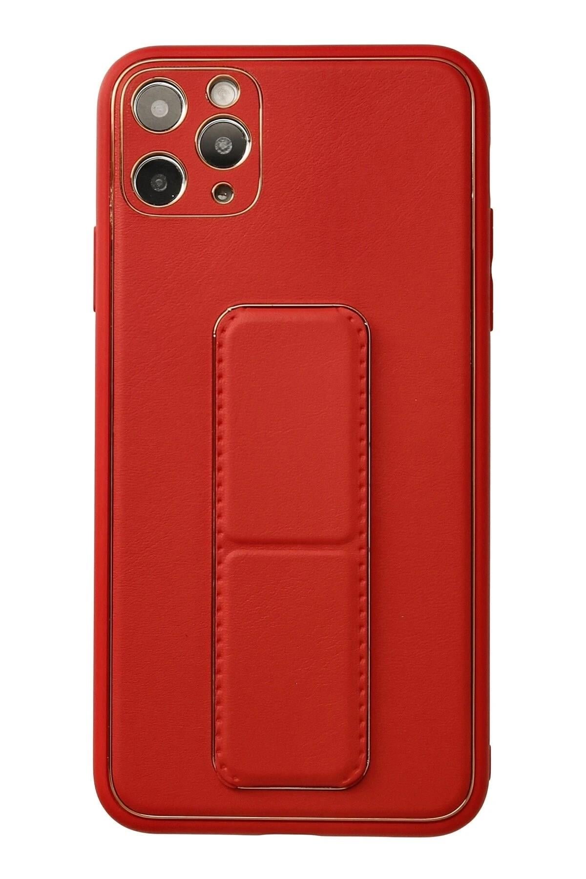 Mey İthalat®  iPhone 11 Pro Max Kılıf Coco Deri Standlı Kapak - Kırmızı