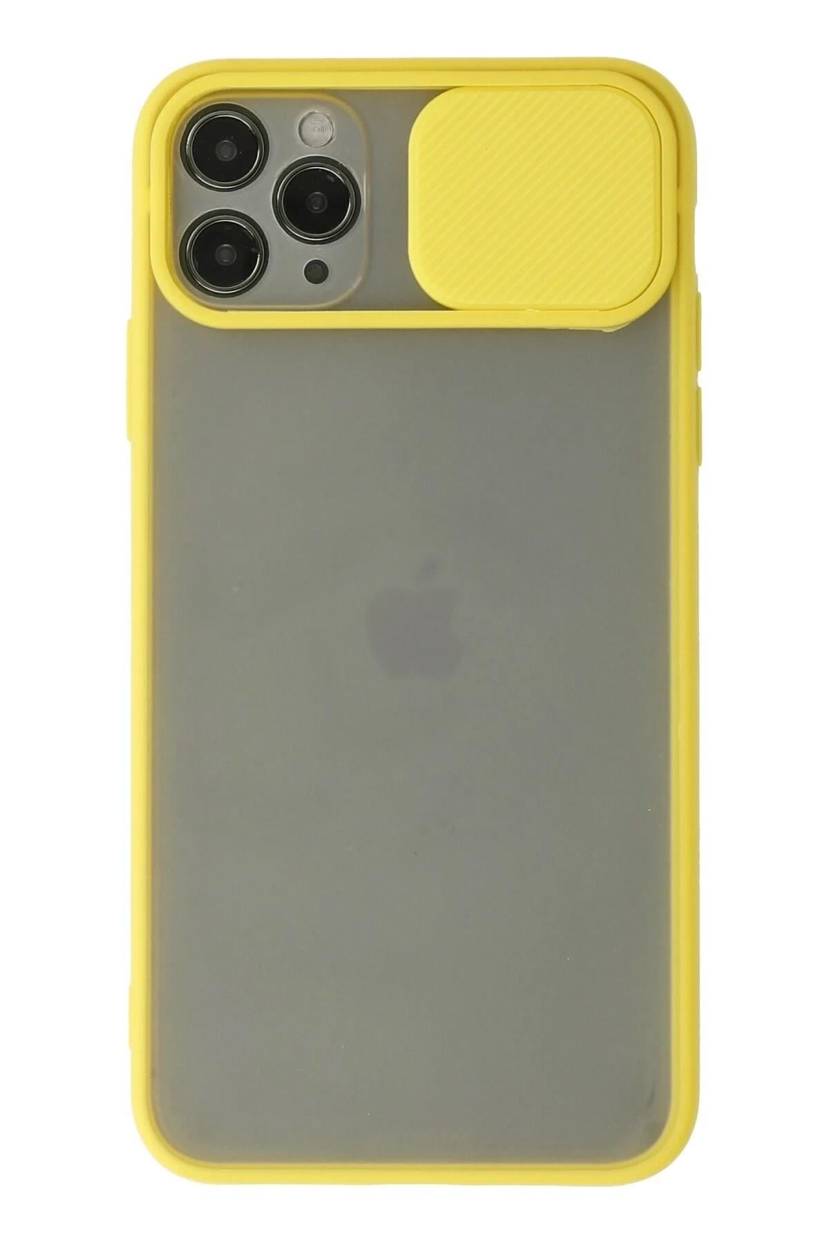 Mey İthalat®  iPhone 11 Pro Max Kılıf Palm Buzlu Kamera Sürgülü Silikon - Sarı