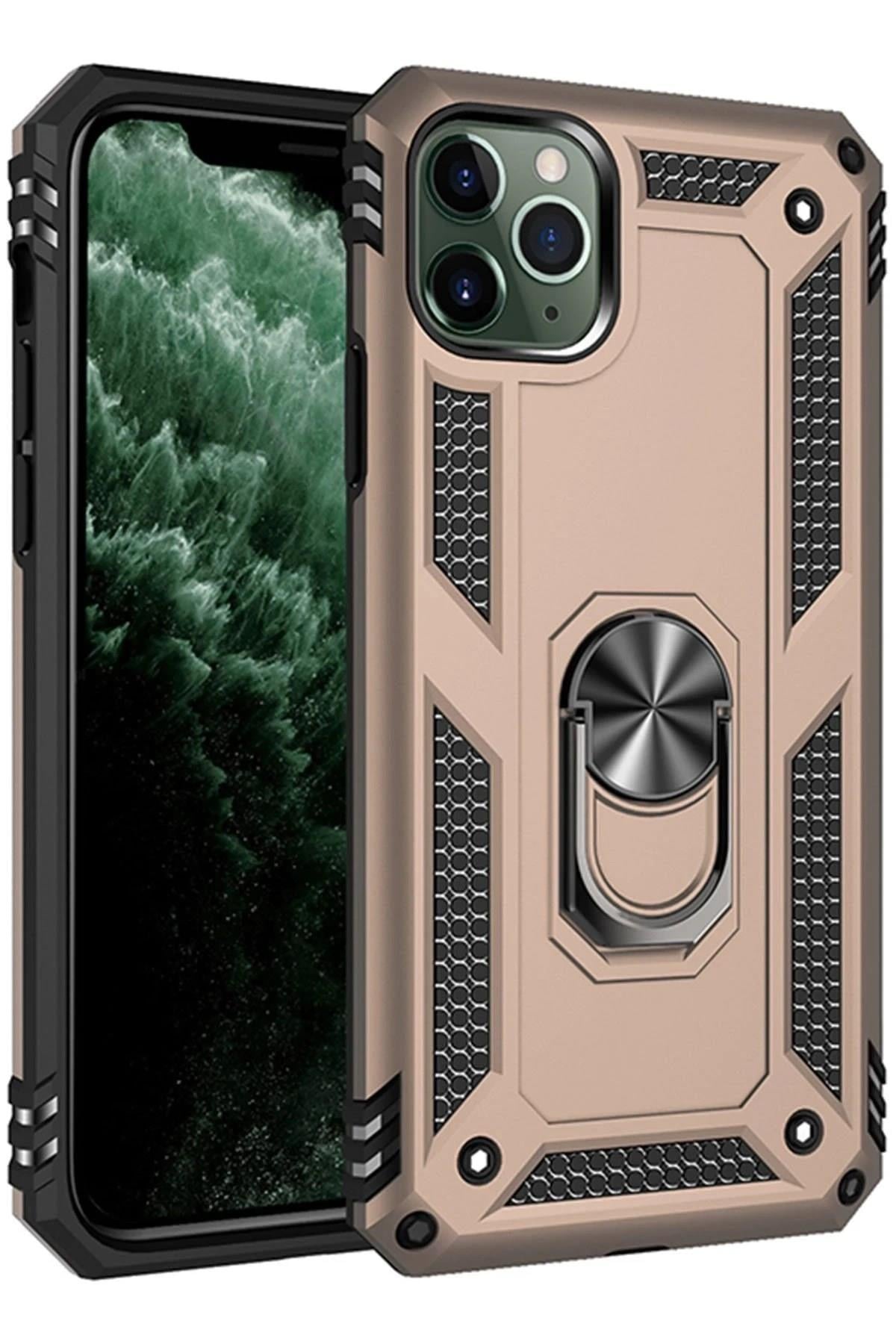 Mey İthalat®  iPhone 11 Pro Max Kılıf Sofya Yüzüklü Silikon Kapak - Gold