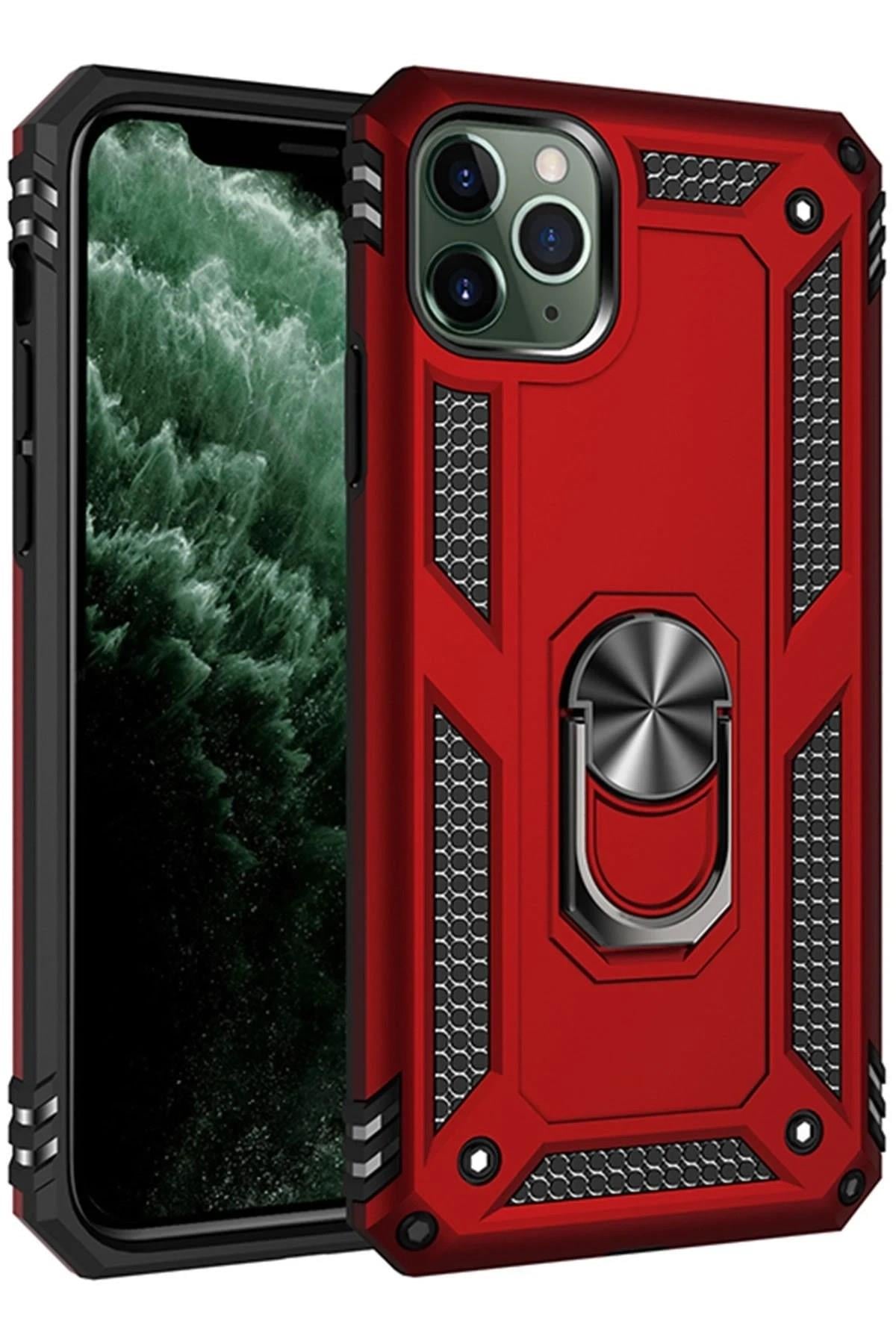 Mey İthalat®  iPhone 11 Pro Max Kılıf Sofya Yüzüklü Silikon Kapak - Kırmızı