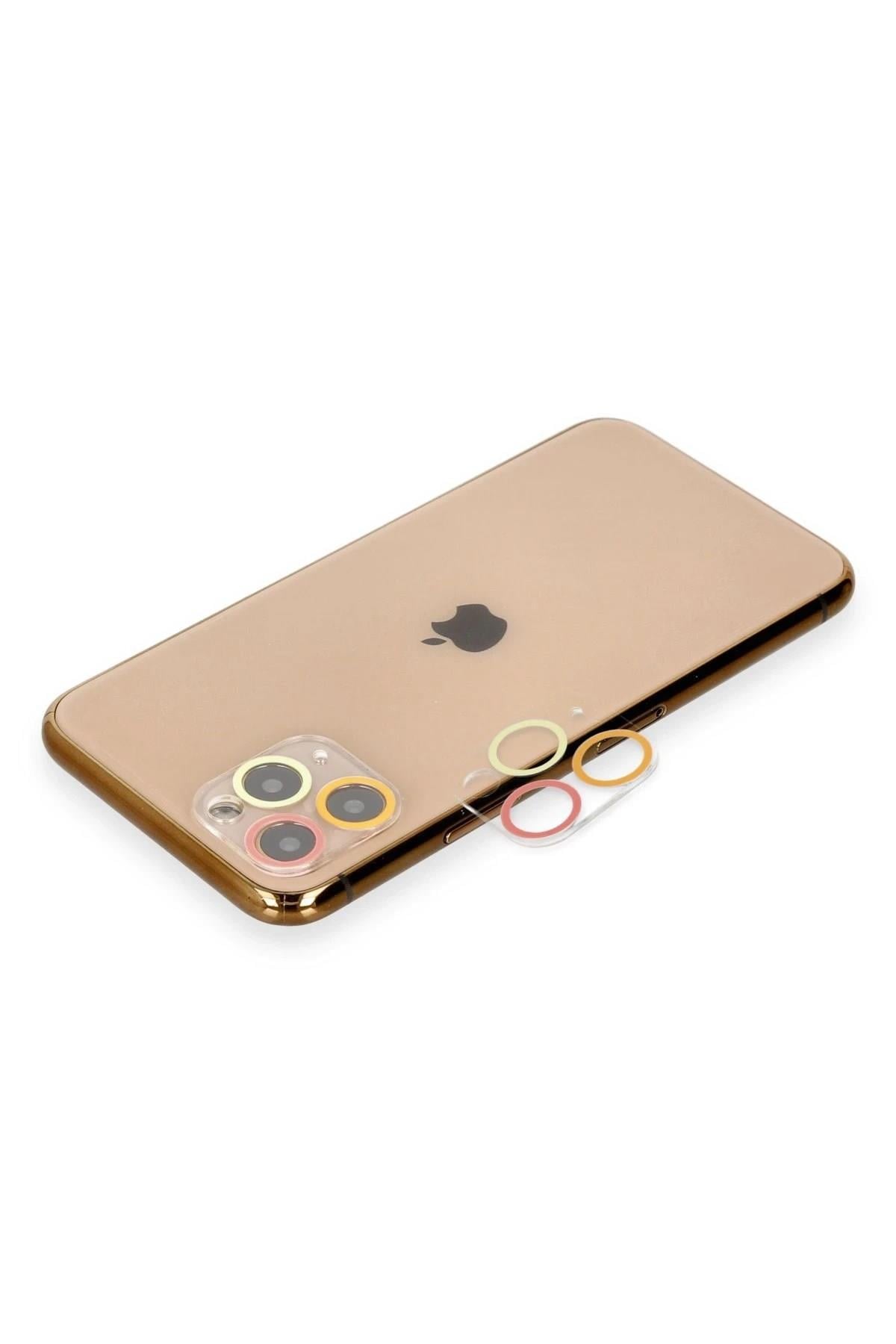 Mey İthalat®  iPhone 11 Pro Max Renkli Kamera Lens Koruma Cam - Turuncu-Kırmızı