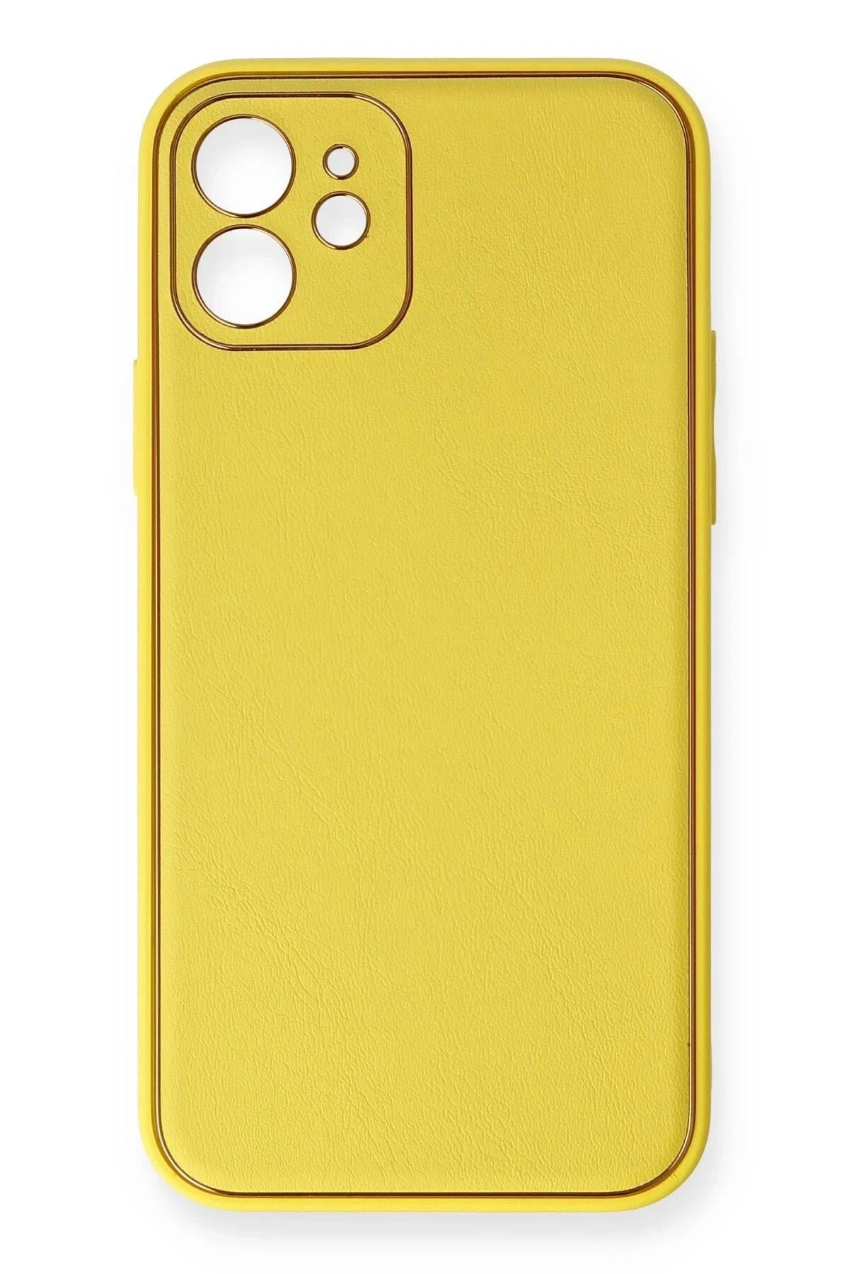 Mey İthalat®  iPhone 12 Kılıf Coco Deri Silikon Kapak - Sarı