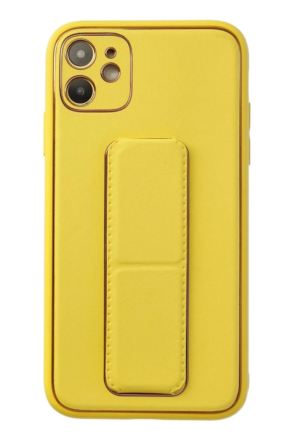 Mey İthalat®  iPhone 12 Kılıf Coco Deri Standlı Kapak - Sarı