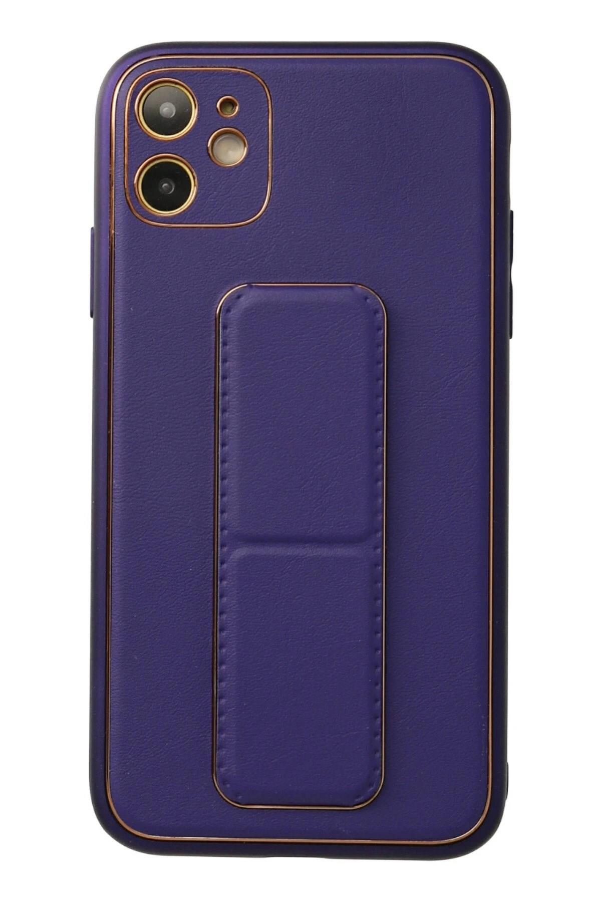 Mey İthalat®  iPhone 12 Kılıf Coco Deri Standlı Kapak - Mor