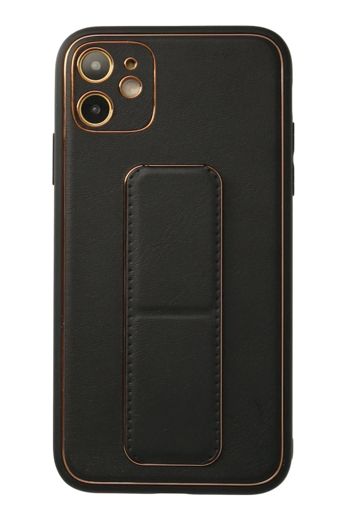 Mey İthalat®  iPhone 12 Kılıf Coco Deri Standlı Kapak - Siyah