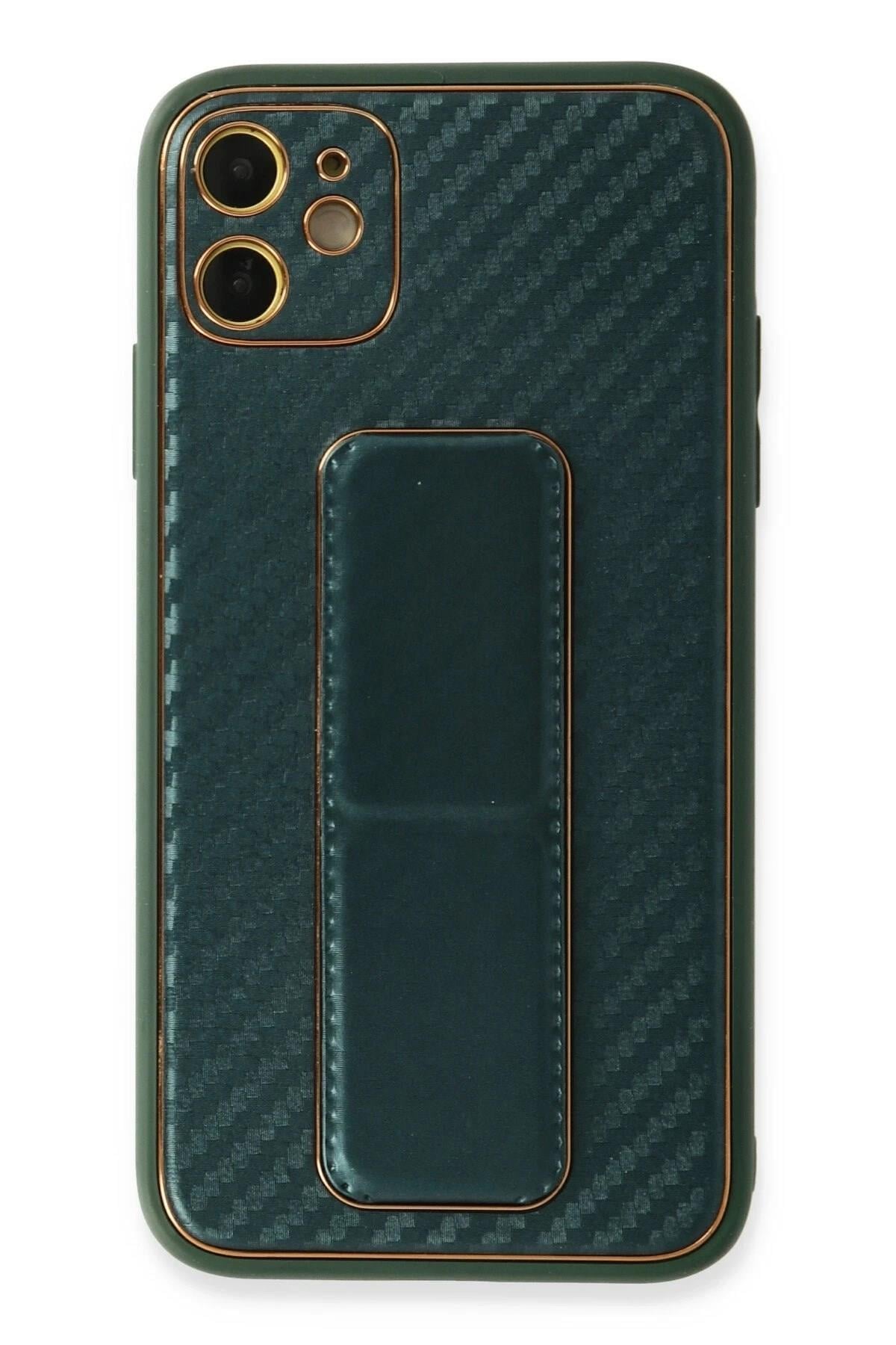 Mey İthalat®  iPhone 12 Kılıf Coco Karbon Standlı Kapak - Yeşil
