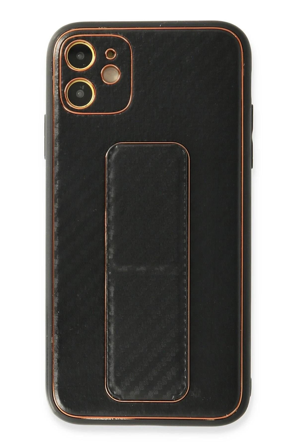 Mey İthalat®  iPhone 12 Kılıf Coco Karbon Standlı Kapak - Siyah