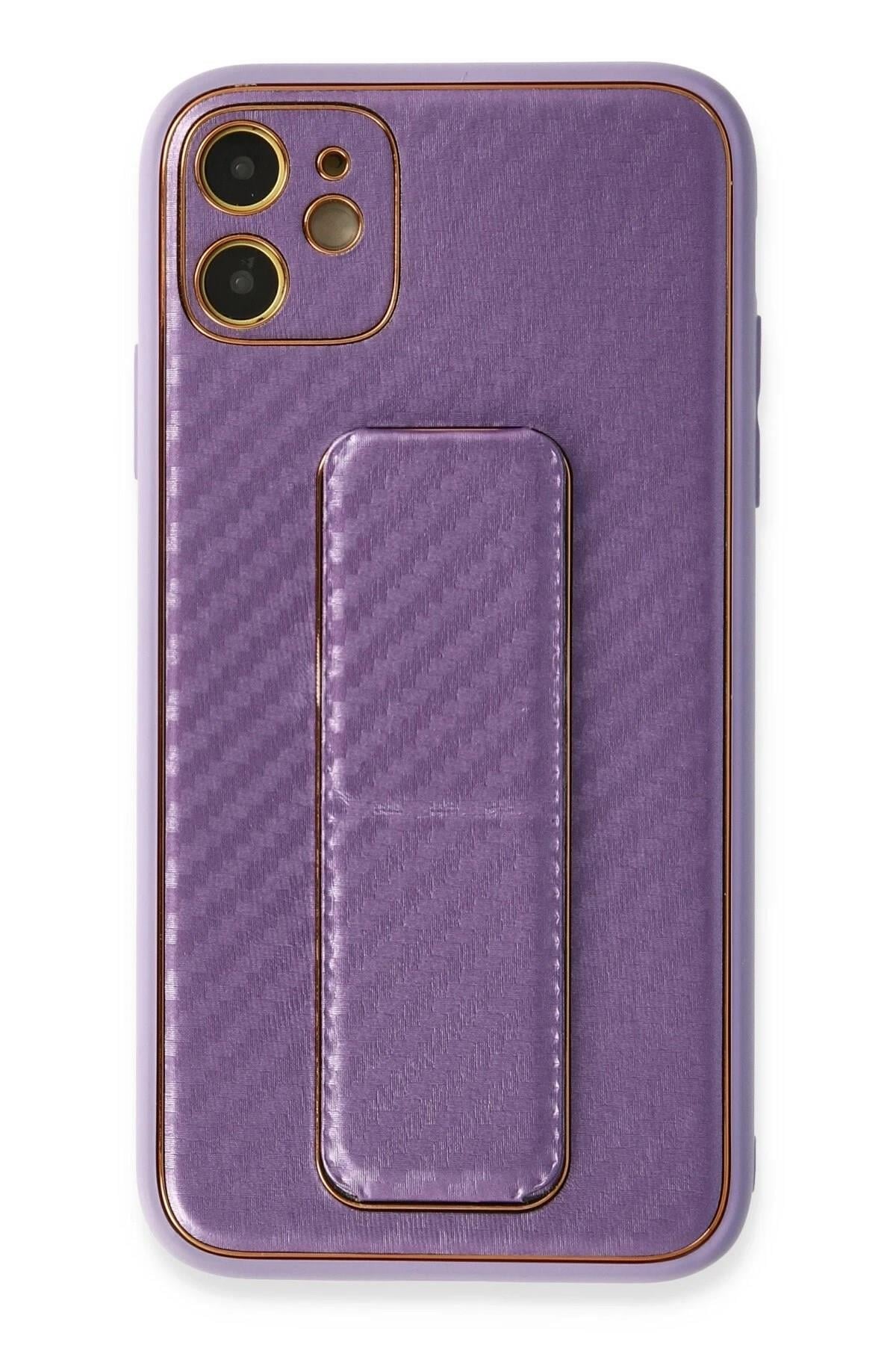 Mey İthalat®  iPhone 12 Kılıf Coco Karbon Standlı Kapak - Mor