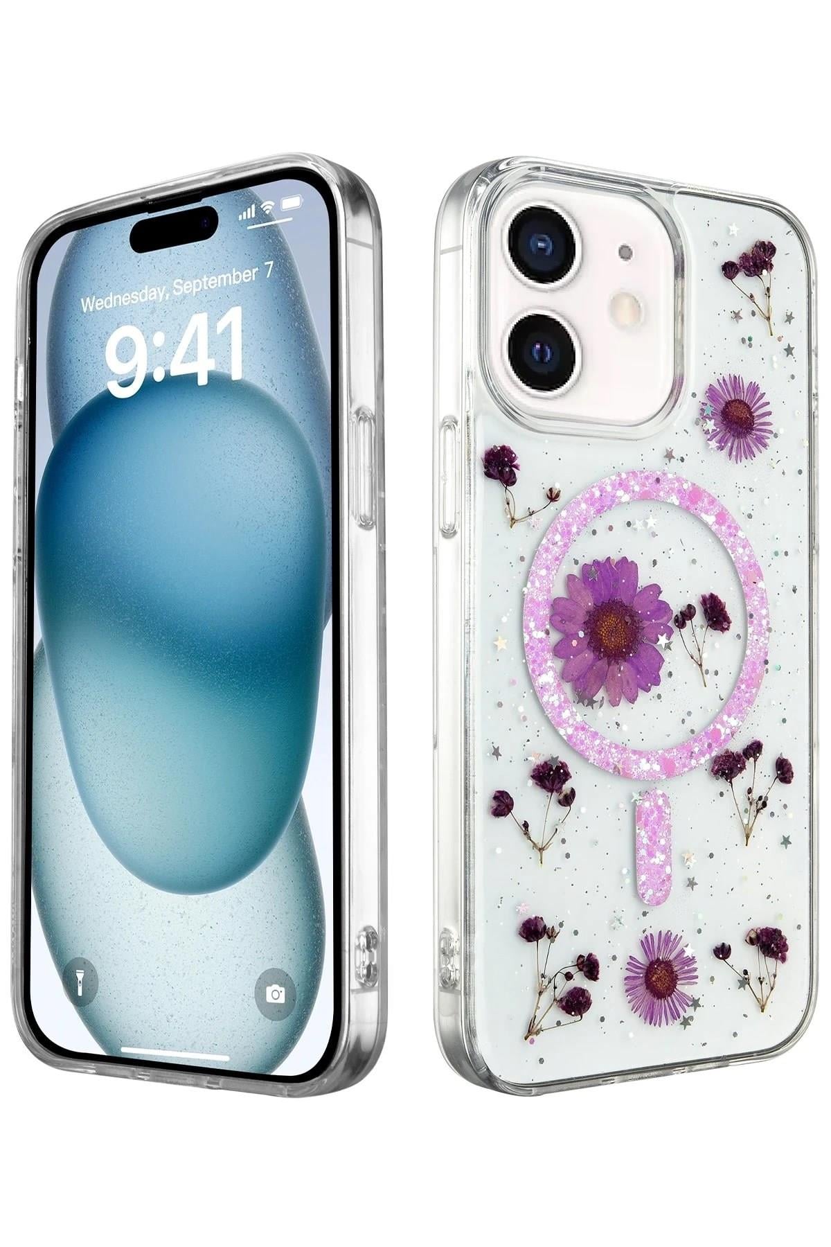 Mey İthalat®  iPhone 12 Kılıf Daisy Simli Magsafe Kapak - Mor