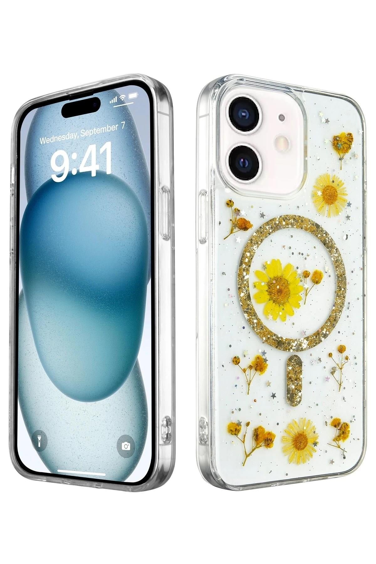 Mey İthalat®  iPhone 12 Kılıf Daisy Simli Magsafe Kapak - Gold