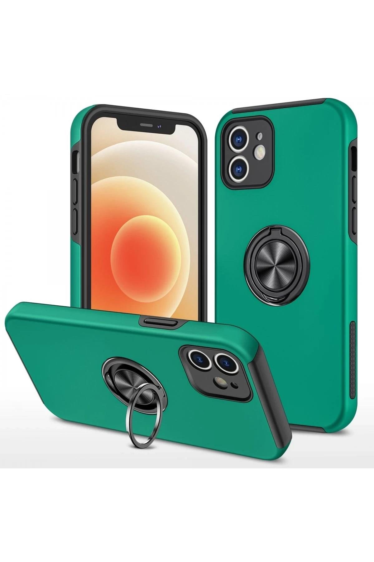 Mey İthalat®  iPhone 12 Kılıf Elit Yüzüklü Kapak - Yeşil
