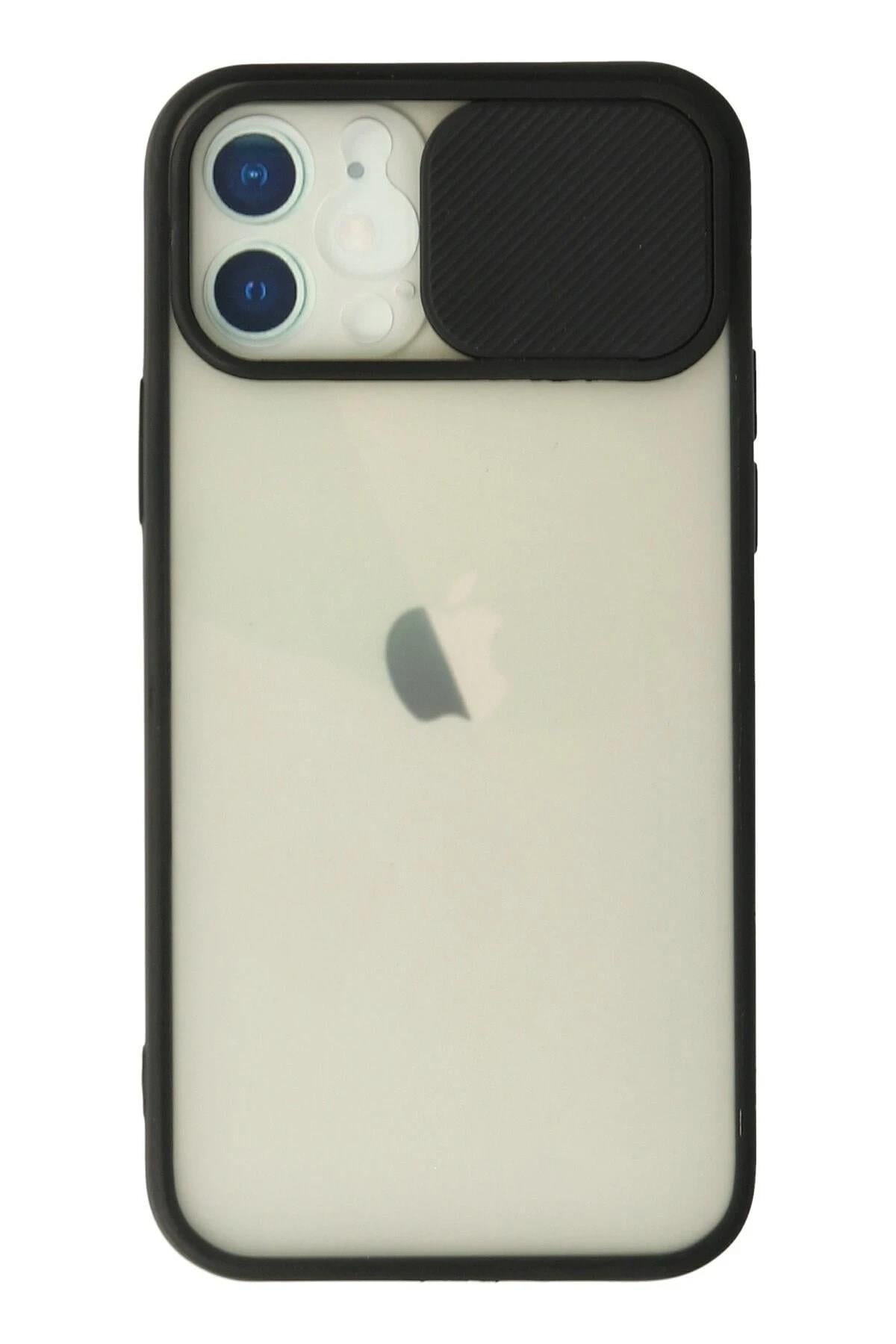 Mey İthalat®  iPhone 12 Kılıf Palm Buzlu Kamera Sürgülü Silikon - Siyah