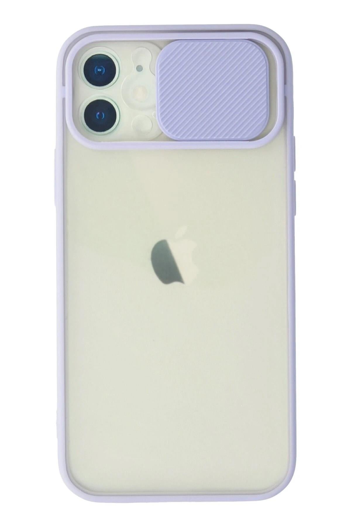 Mey İthalat®  iPhone 12 Kılıf Palm Buzlu Kamera Sürgülü Silikon - Lila