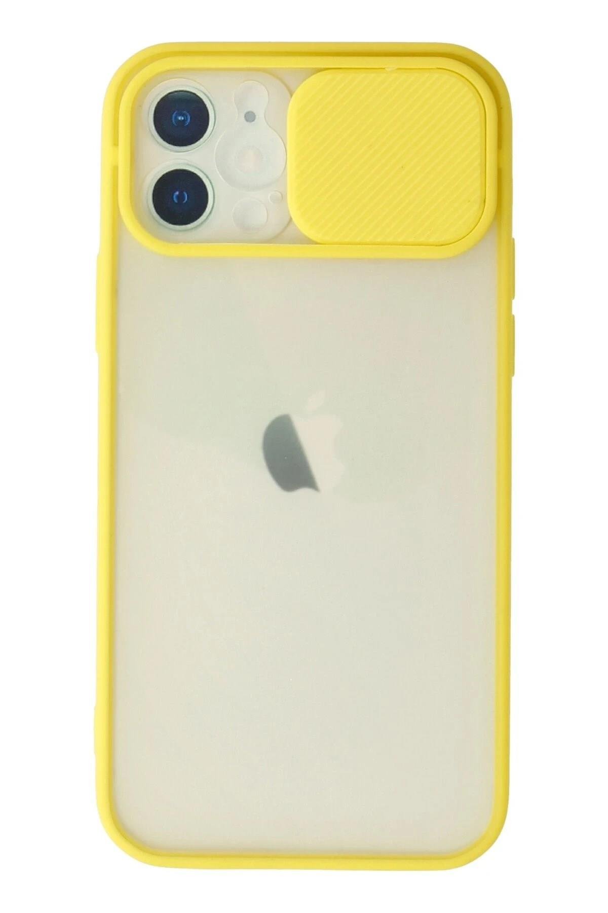 Mey İthalat®  iPhone 12 Kılıf Palm Buzlu Kamera Sürgülü Silikon - Sarı