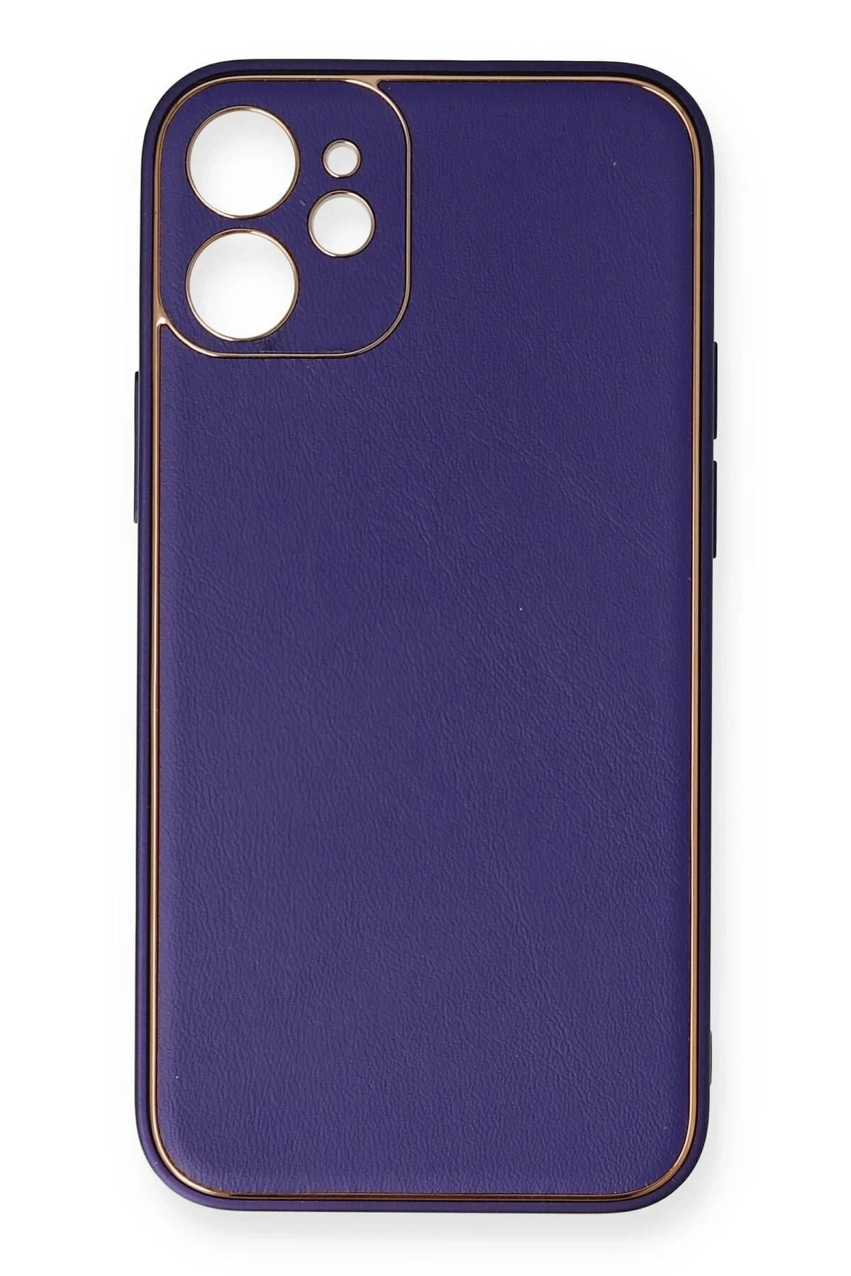 Mey İthalat®  iPhone 12 Mini Kılıf Coco Deri Silikon Kapak - Mor