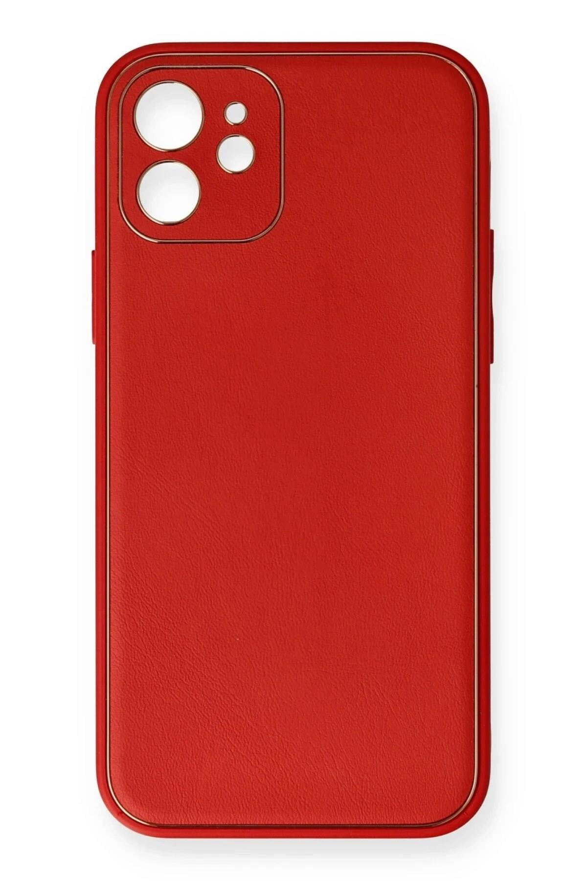 Mey İthalat®  iPhone 12 Mini Kılıf Coco Deri Silikon Kapak - Kırmızı