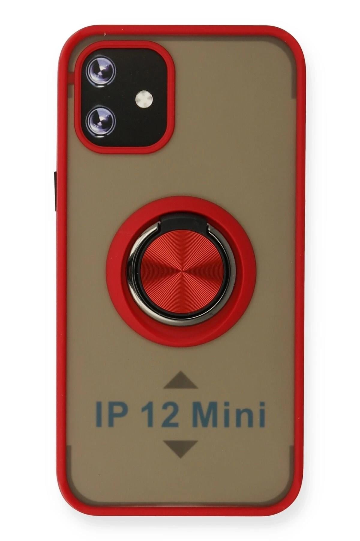 Mey İthalat®  iPhone 12 Mini Kılıf Montreal Yüzüklü Silikon Kapak - Kırmızı