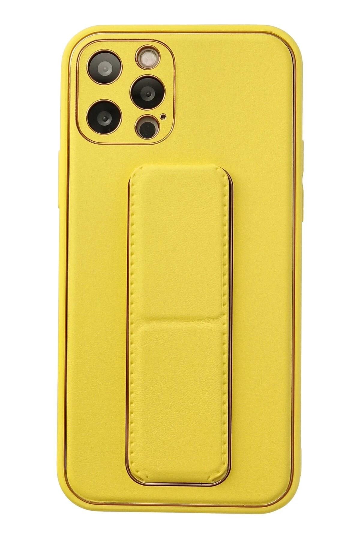 Mey İthalat®  iPhone 12 Pro Kılıf Coco Deri Standlı Kapak - Sarı