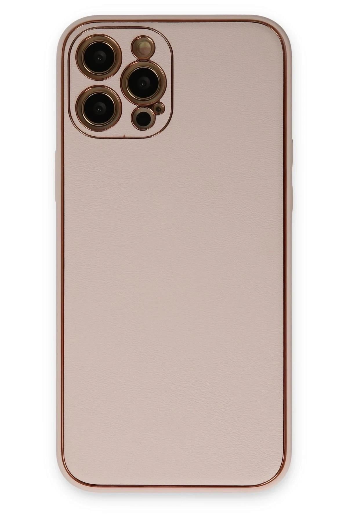 Mey İthalat®  iPhone 12 Pro Kılıf Coco Deri Silikon Kapak - Pudra