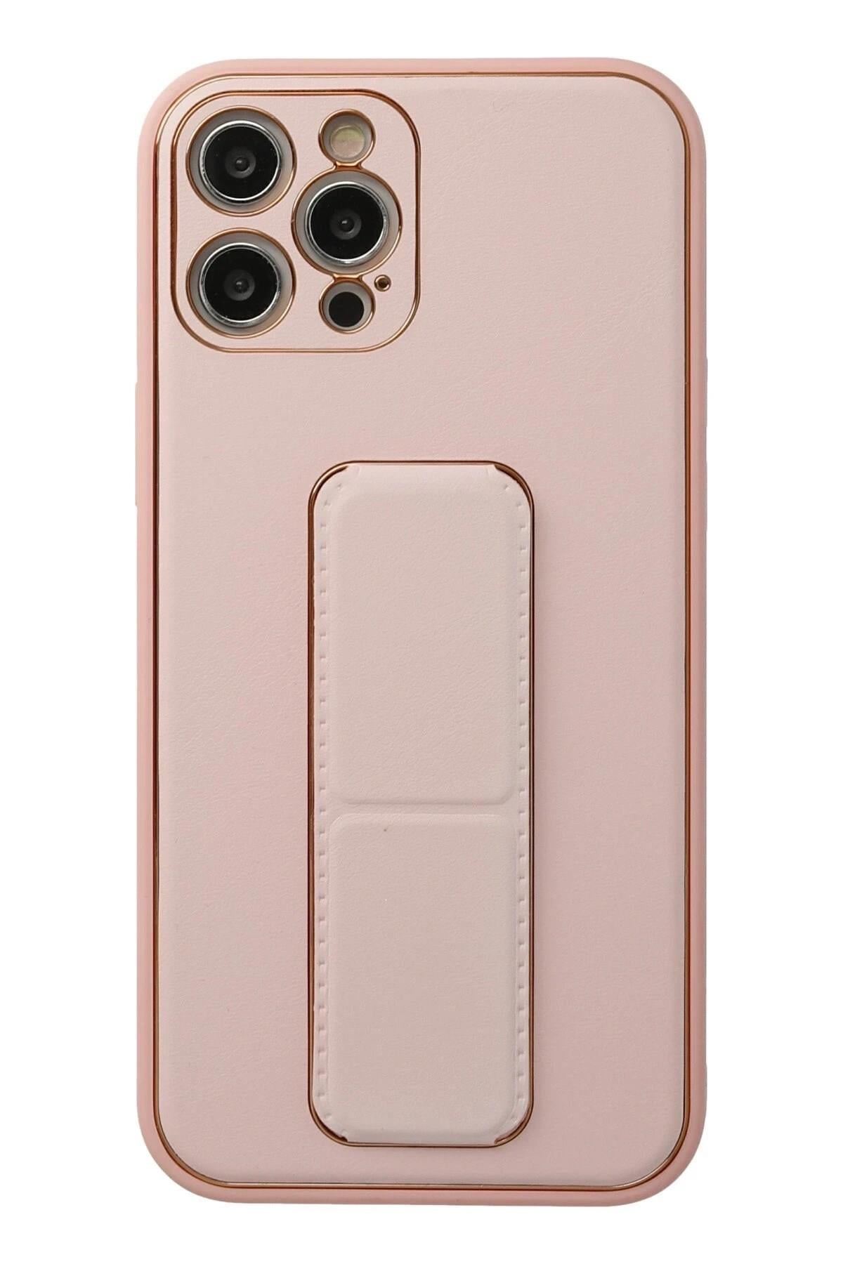 Mey İthalat®  iPhone 12 Pro Kılıf Coco Deri Standlı Kapak - Pembe