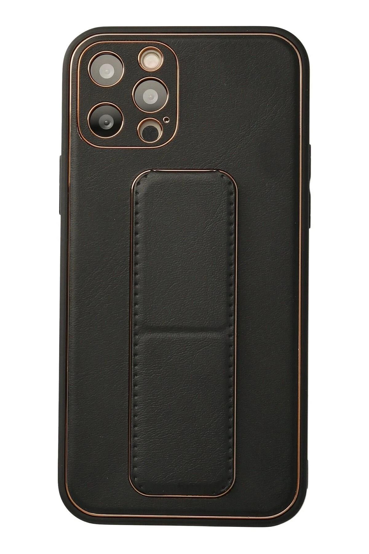 Mey İthalat®  iPhone 12 Pro Kılıf Coco Deri Standlı Kapak - Siyah