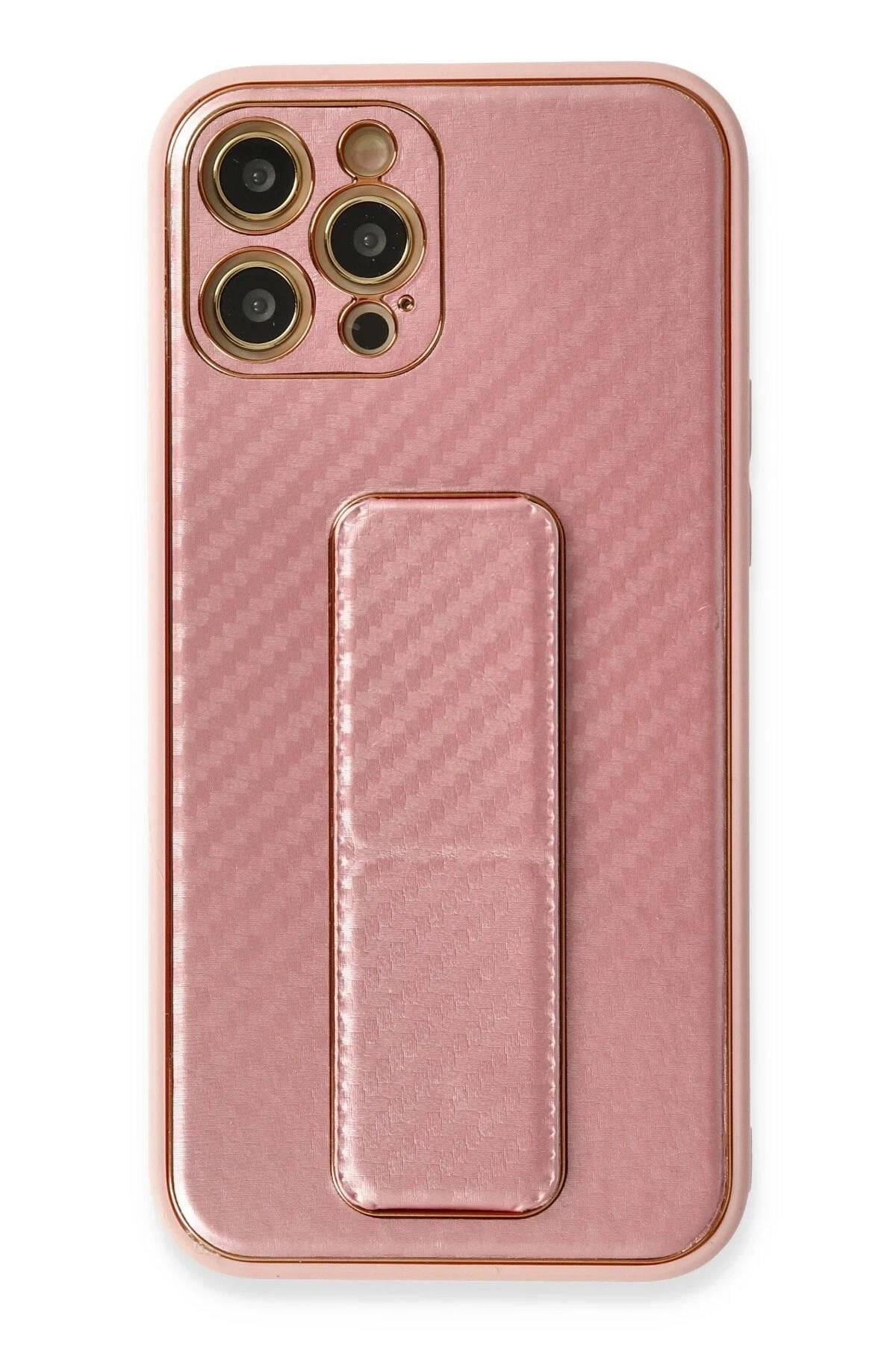 Mey İthalat®  iPhone 12 Pro Kılıf Coco Karbon Standlı Kapak - Pembe