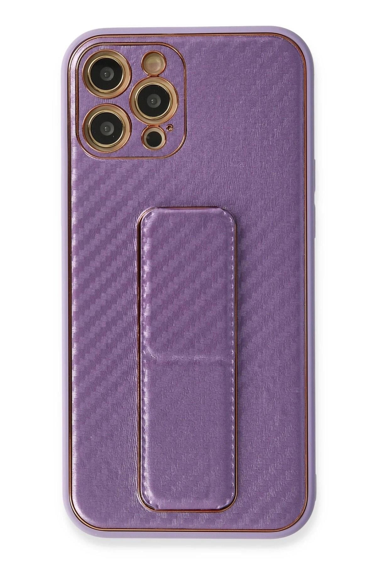 Mey İthalat®  iPhone 12 Pro Kılıf Coco Karbon Standlı Kapak - Mor