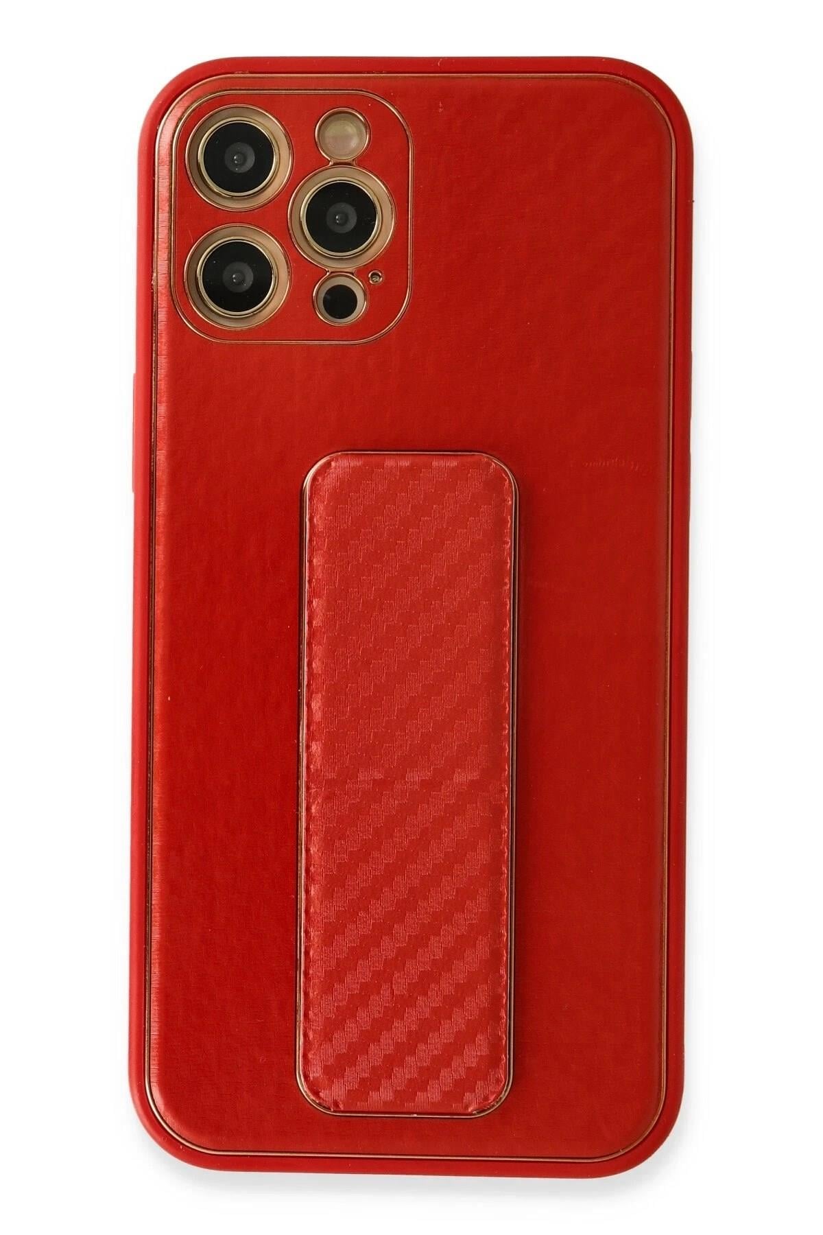 Mey İthalat®  iPhone 12 Pro Kılıf Coco Karbon Standlı Kapak - Kırmızı