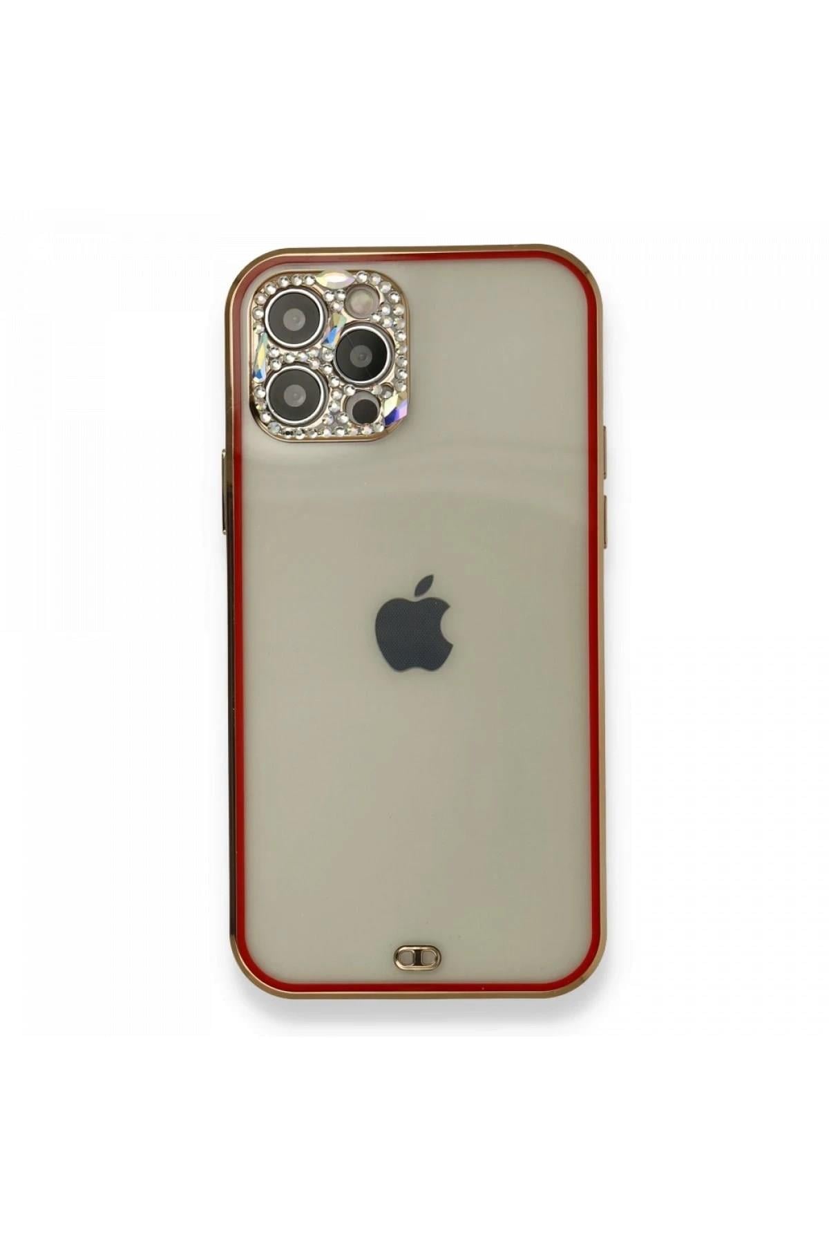 Mey İthalat®  iPhone 12 Pro Kılıf Liva Taşlı Silikon - Kırmızı