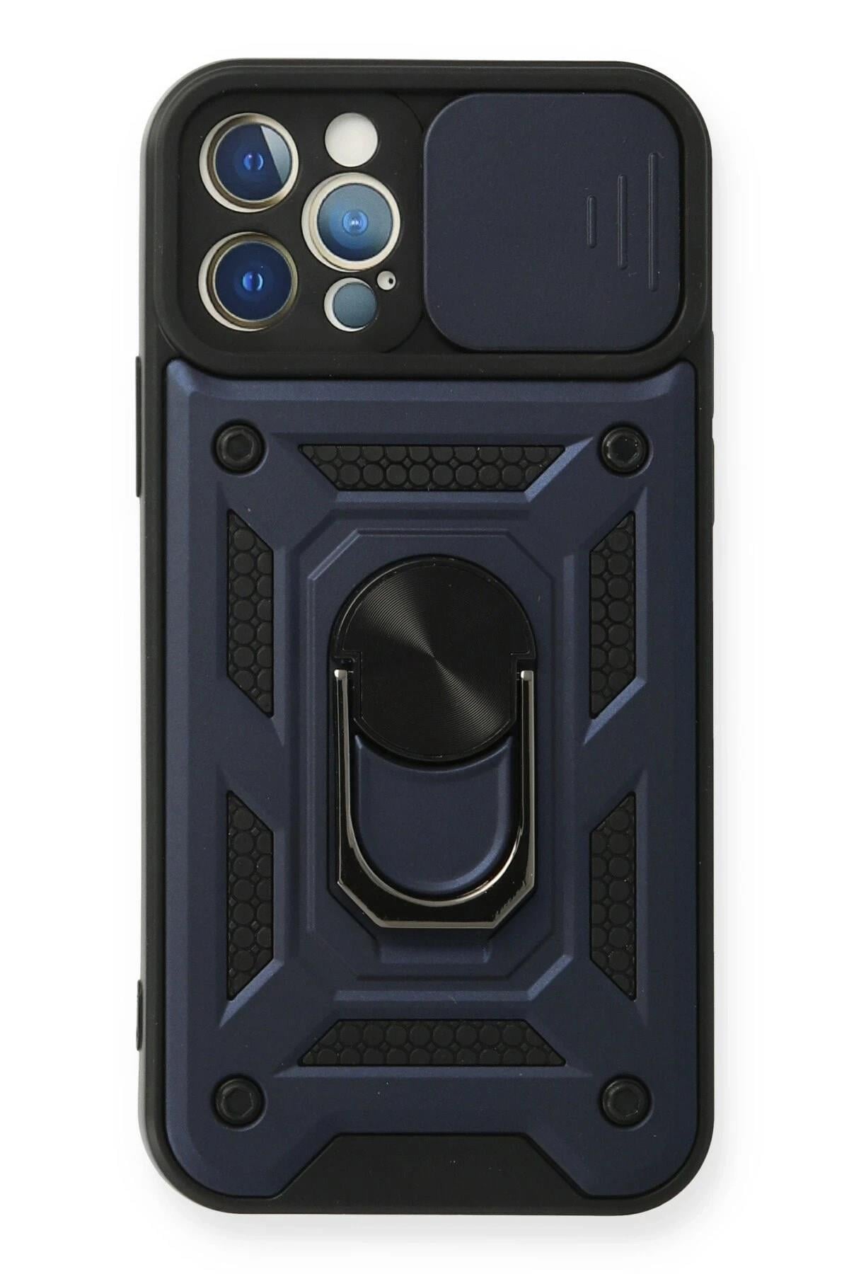 Mey İthalat®  iPhone 12 Pro Kılıf Pars Lens Yüzüklü Silikon - Lacivert
