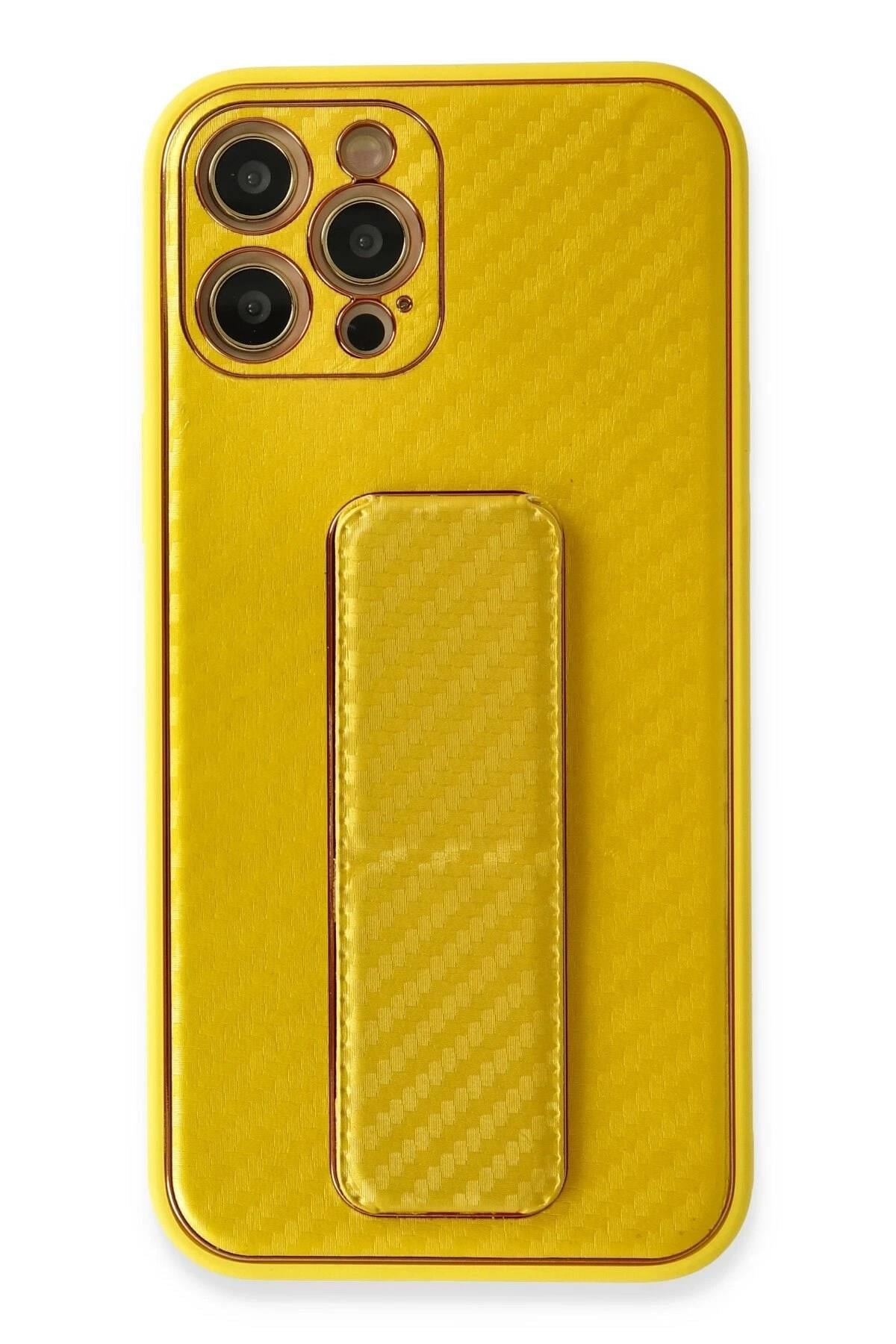 Mey İthalat®  iPhone 12 Pro Max Kılıf Coco Karbon Standlı Kapak - Sarı