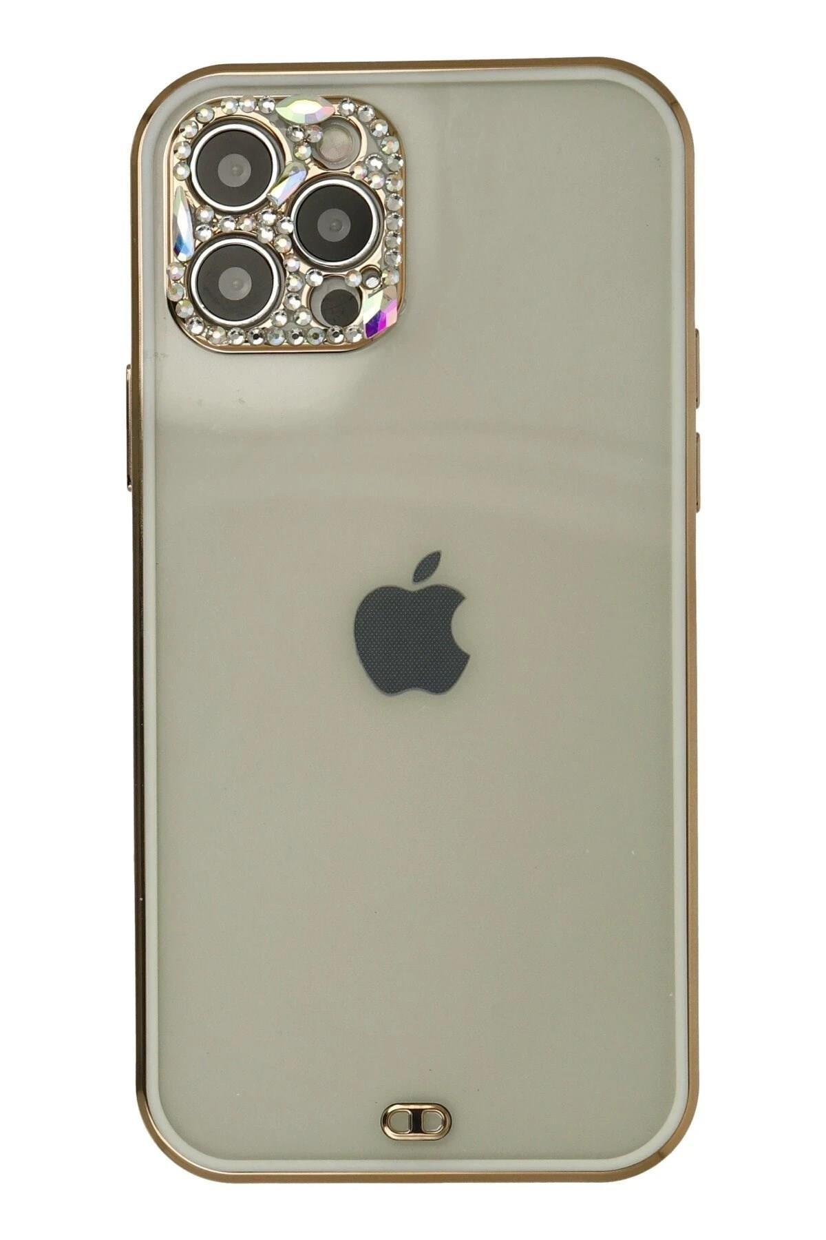 Mey İthalat®  iPhone 12 Pro Max Kılıf Liva Taşlı Silikon - Beyaz